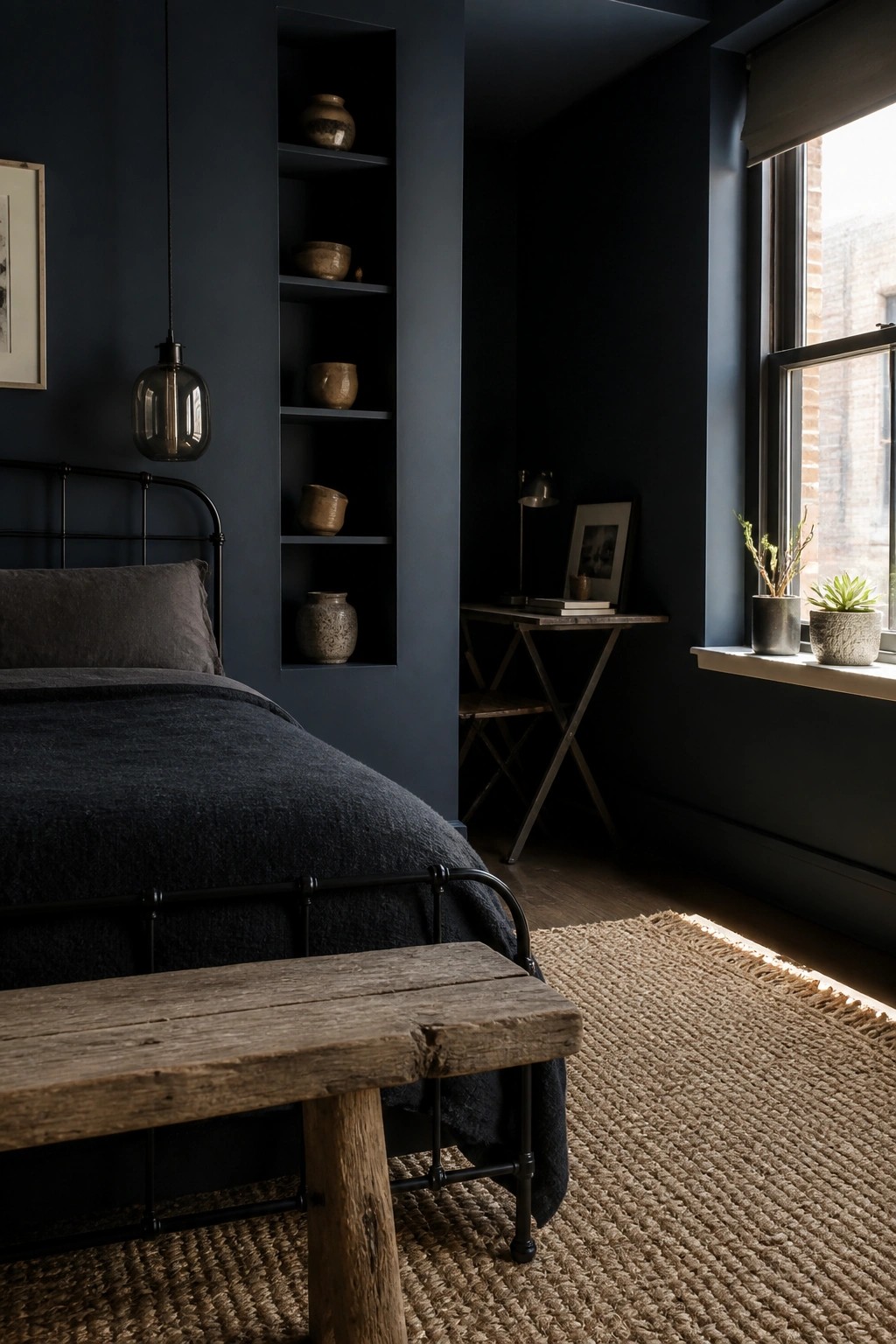 Dark blue bedroom with black metal bed, wooden bench, woven rug and pottery shelves.