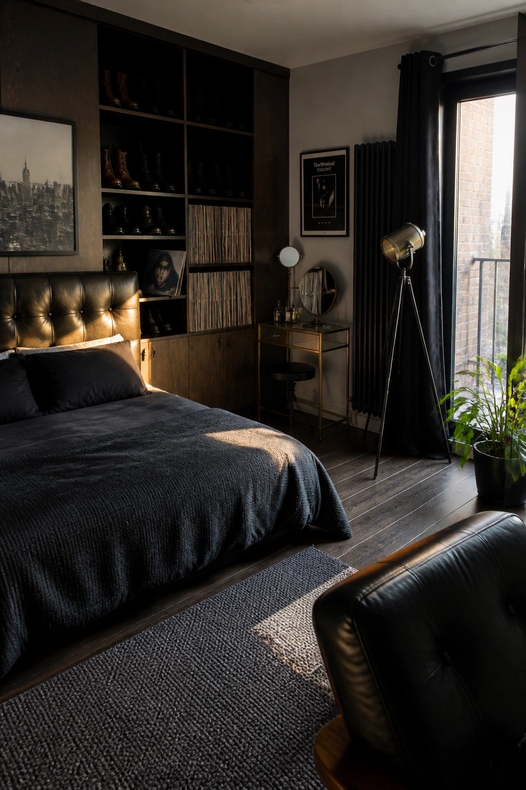 A dimly lit bedroom featuring a dark tufted leather headboard against built-in wooden shelving filled with boots and vinyl records, with sunlight falling across a bed dressed in dark bedding.