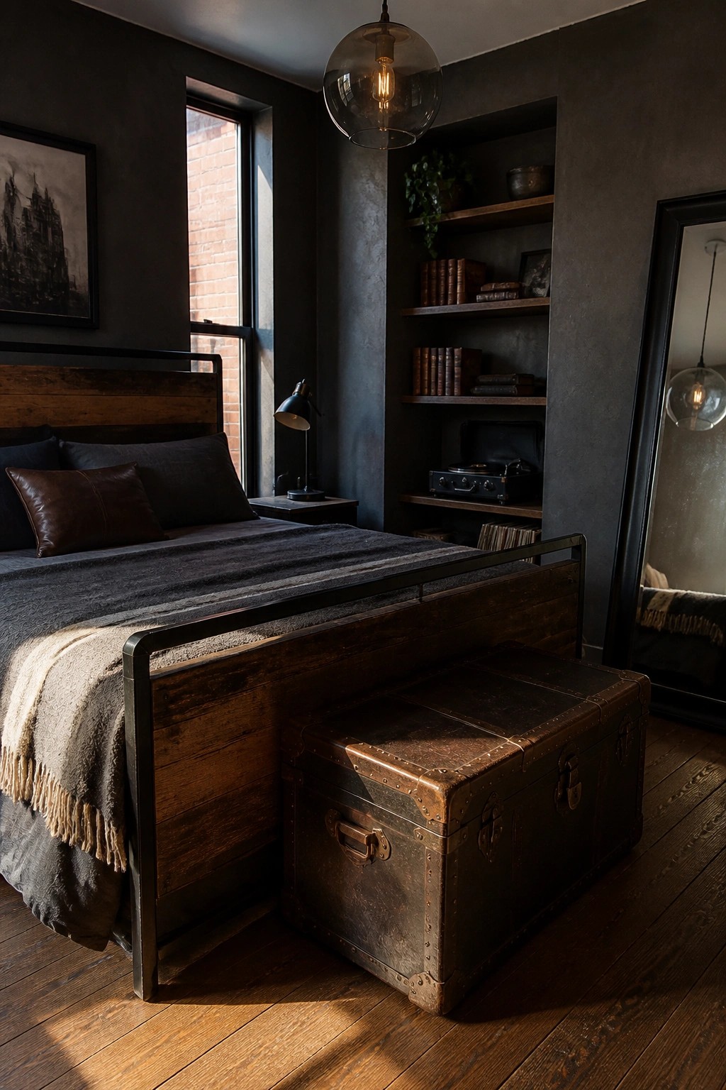 Rustic bedroom with dark wood bed, vintage trunk, built-in bookshelves, and pendant light.