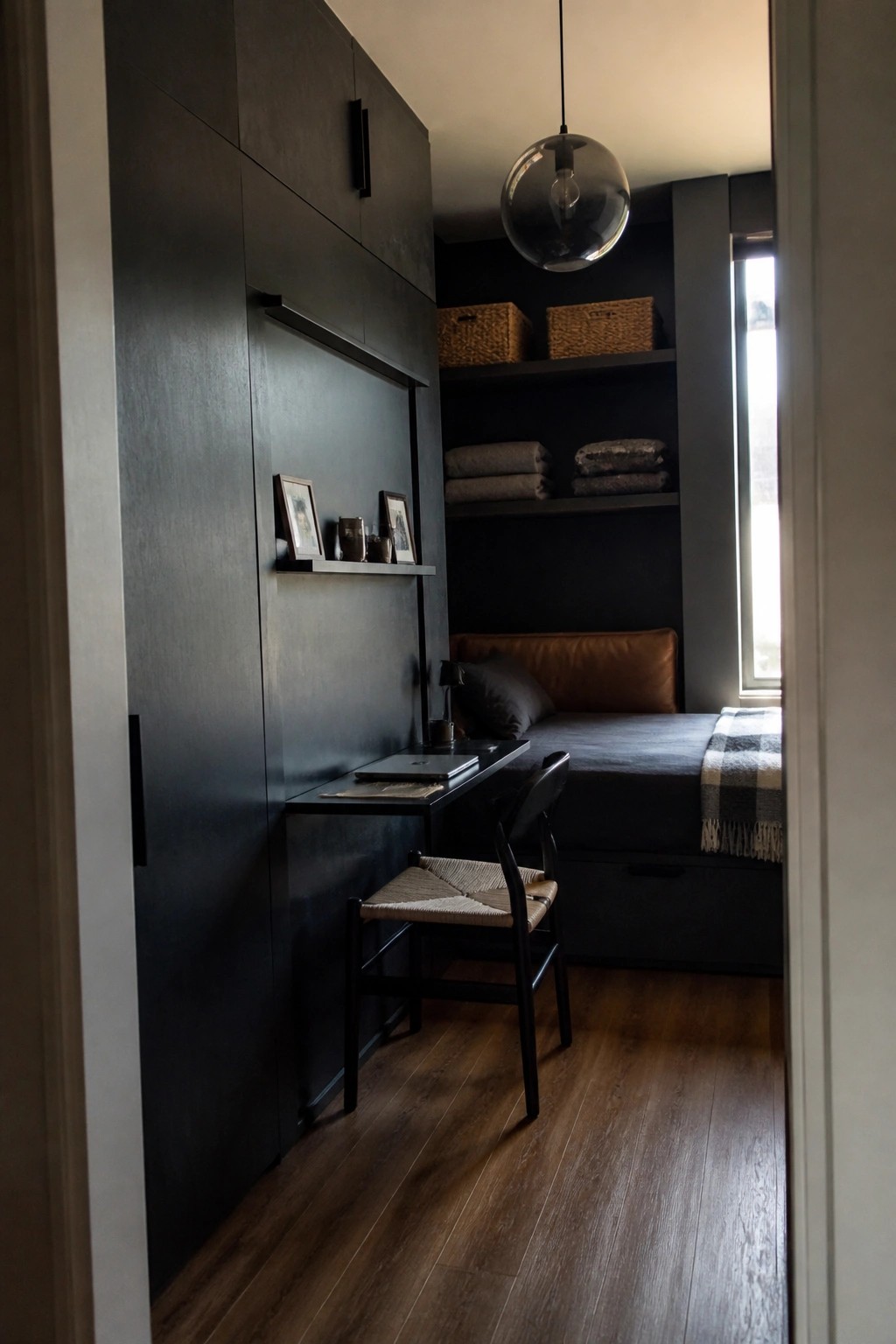 A narrow dark bedroom with built-in cabinetry that includes a small desk area, a woven chair, and a daybed beneath open shelves.