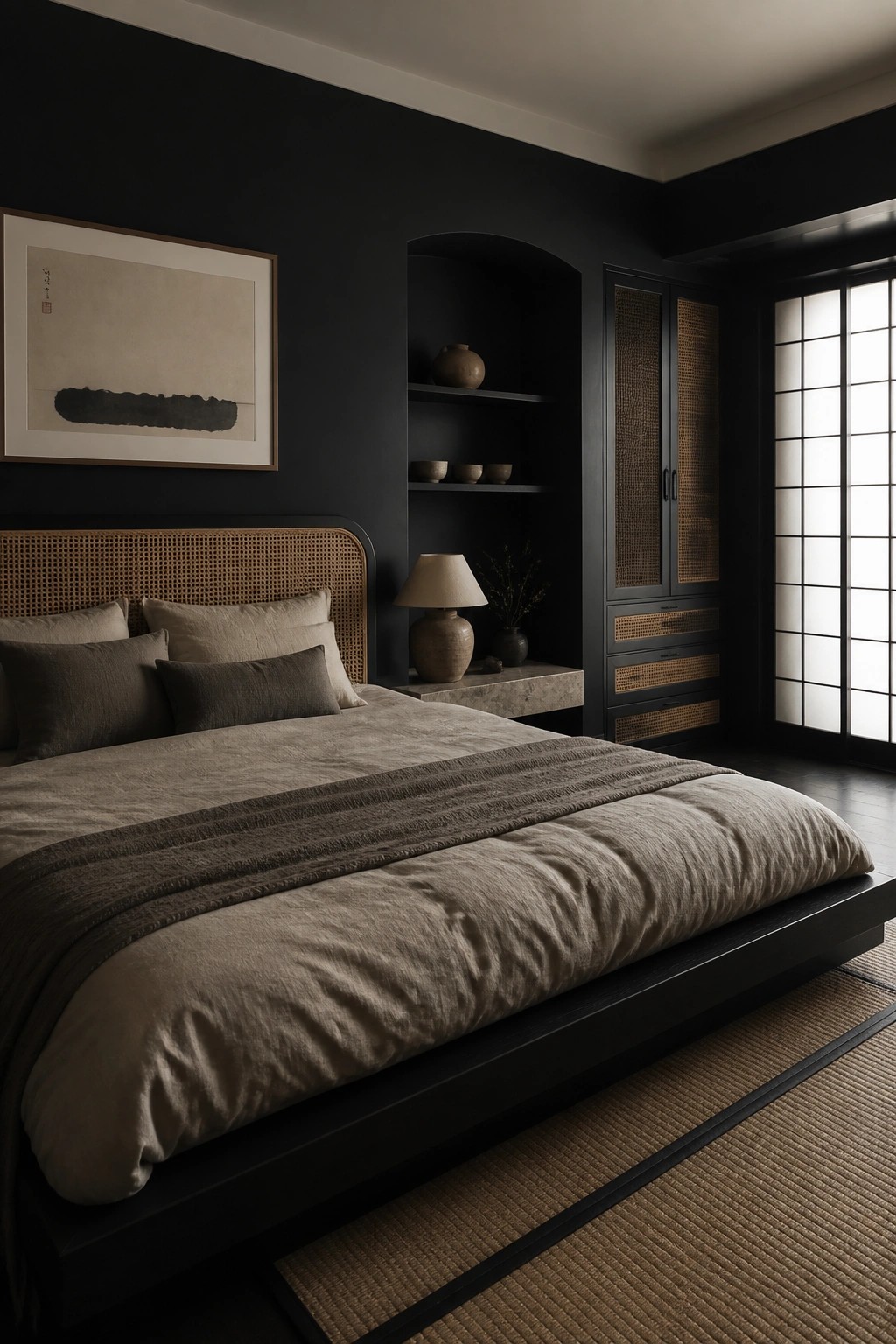 Dark minimalist bedroom with rattan bed, black cabinetry, built-in shelves, and woven rug.