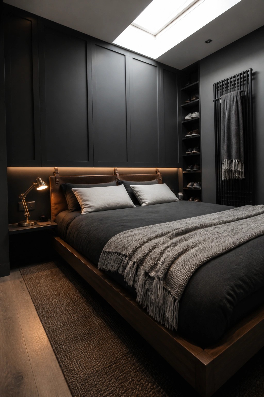 A dark masculine bedroom featuring a low wooden bed with gray bedding against a full wall of dark built-in cabinetry, a skylight overhead, and open shoe shelving on the right.