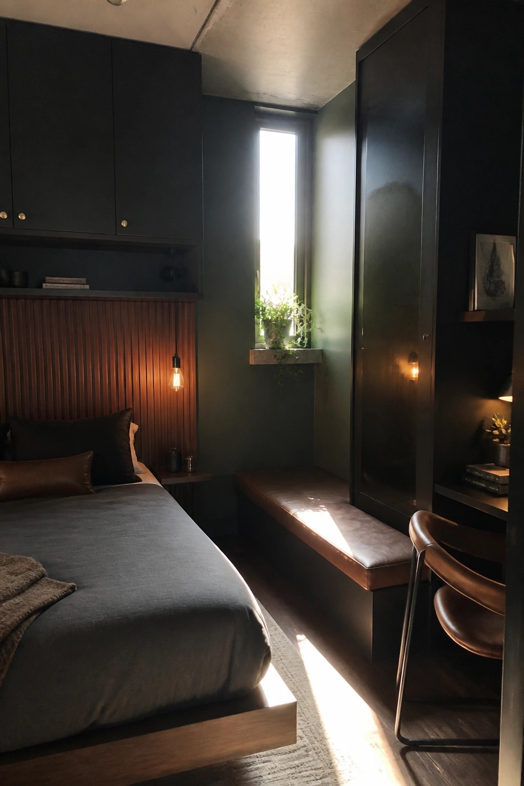A compact bedroom with dark green walls, a wooden platform bed, tall dark cabinets, and a built-in cushioned bench under a tall narrow window.