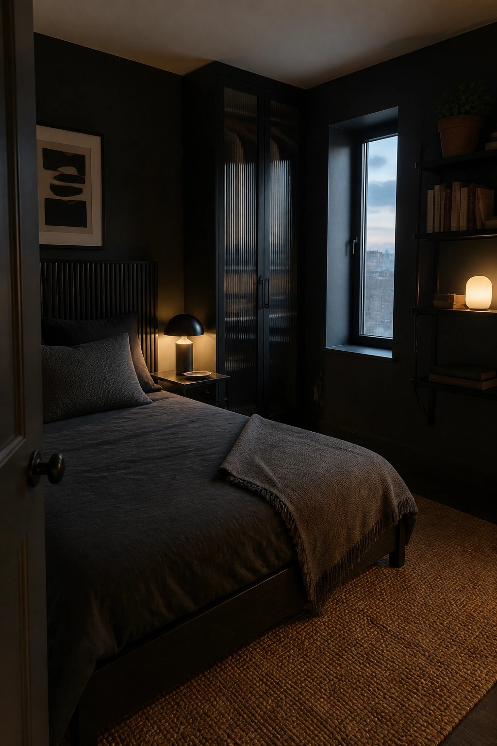 Dark minimalist bedroom with black bed, ribbed wardrobe, shelves, and city window.