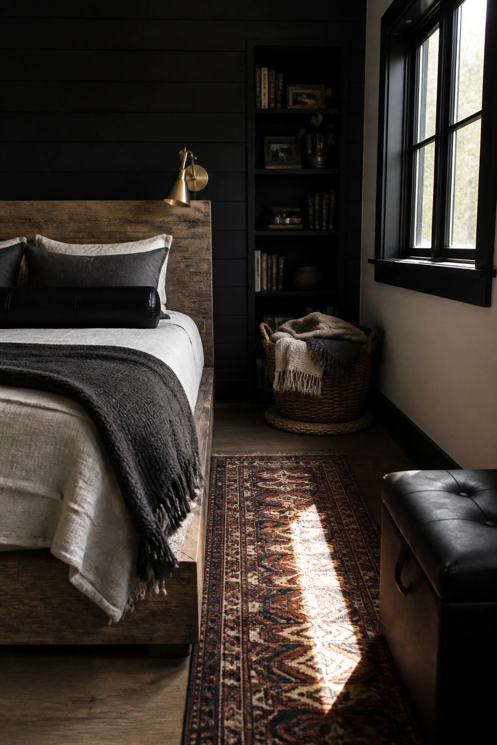 Dark bedroom with wooden bed, patterned rug, bookshelf, brass sconce, and sunlight.