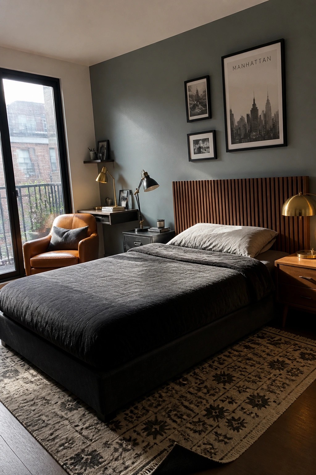 Modern bedroom with dark bed, wooden headboard, leather chair, patterned rug, and Manhattan art