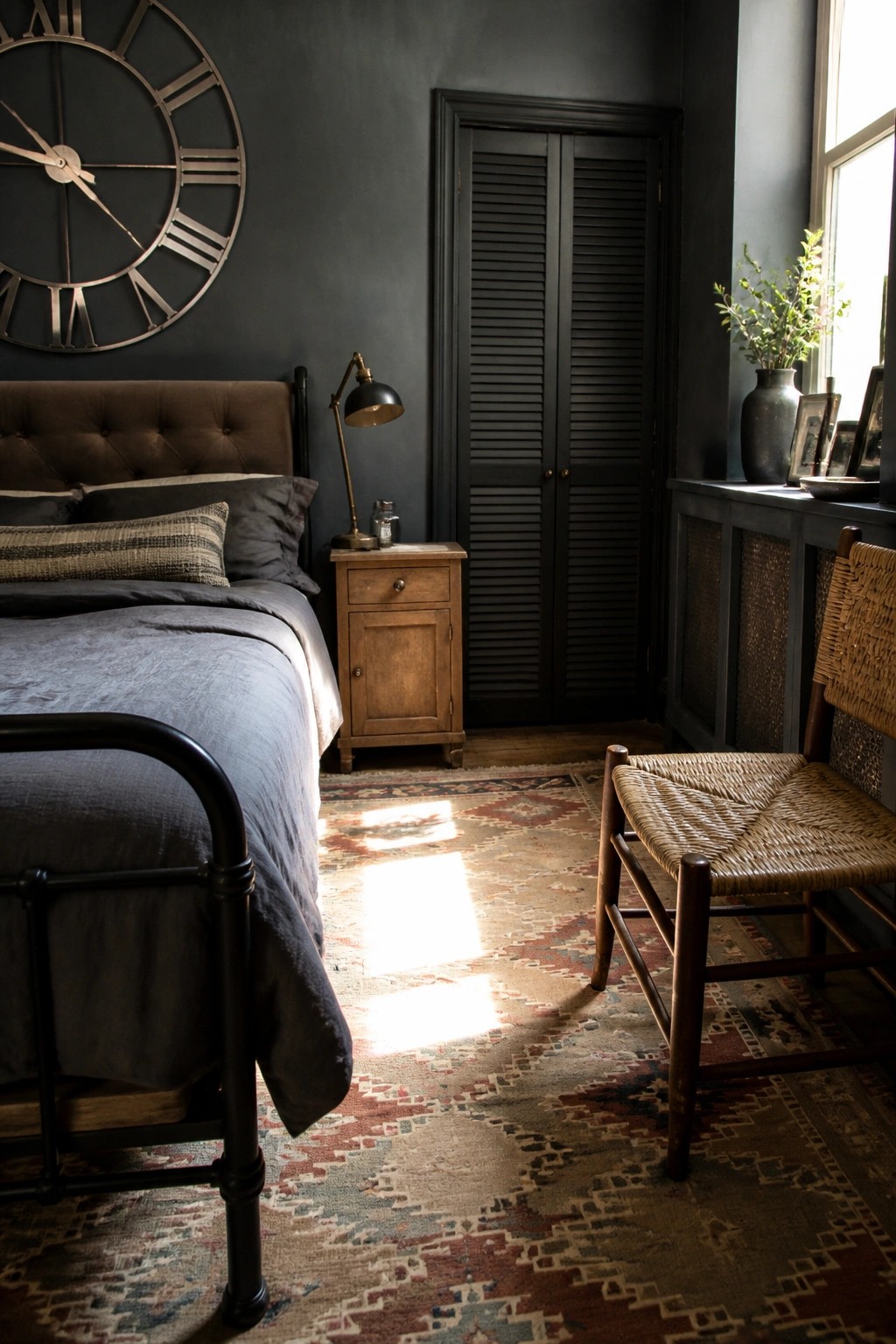 Dark bedroom with large wall clock, tufted bed, woven chair, and patterned rug in sunlight.