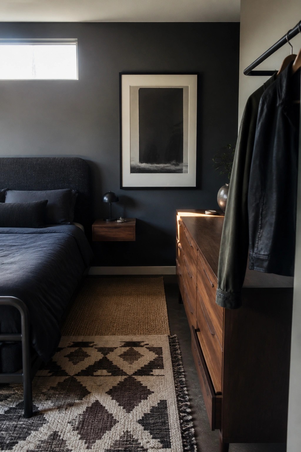 A bedroom with dark gray walls features a bed with dark bedding on the left, a floating wooden nightstand, a large wooden dresser on the right, and a patterned rug on the concrete floor.