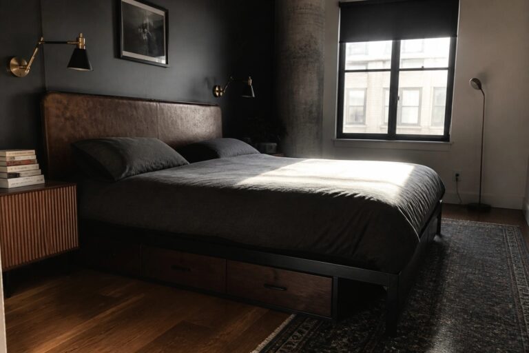 25 Practical Dark Masculine Bedrooms Designed for Apartment Living A bedroom with a dark platform bed that has multiple wooden storage drawers built into the base, set against dark walls with sunlight coming through a large window.