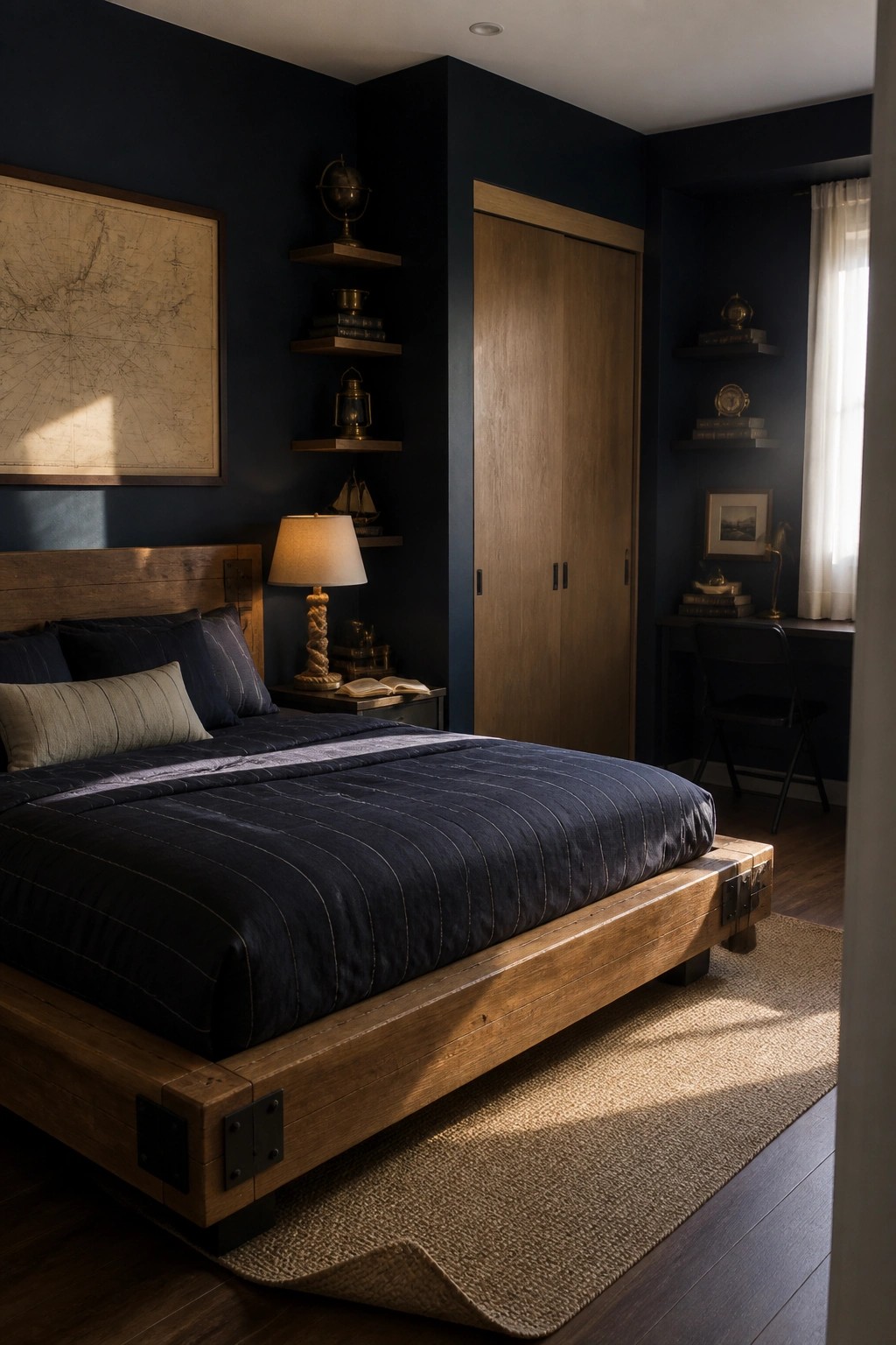 A bedroom features a large wooden bed with dark blue bedding, navy walls with floating wooden shelves holding books and objects, a wooden wardrobe, and a desk area near a window.