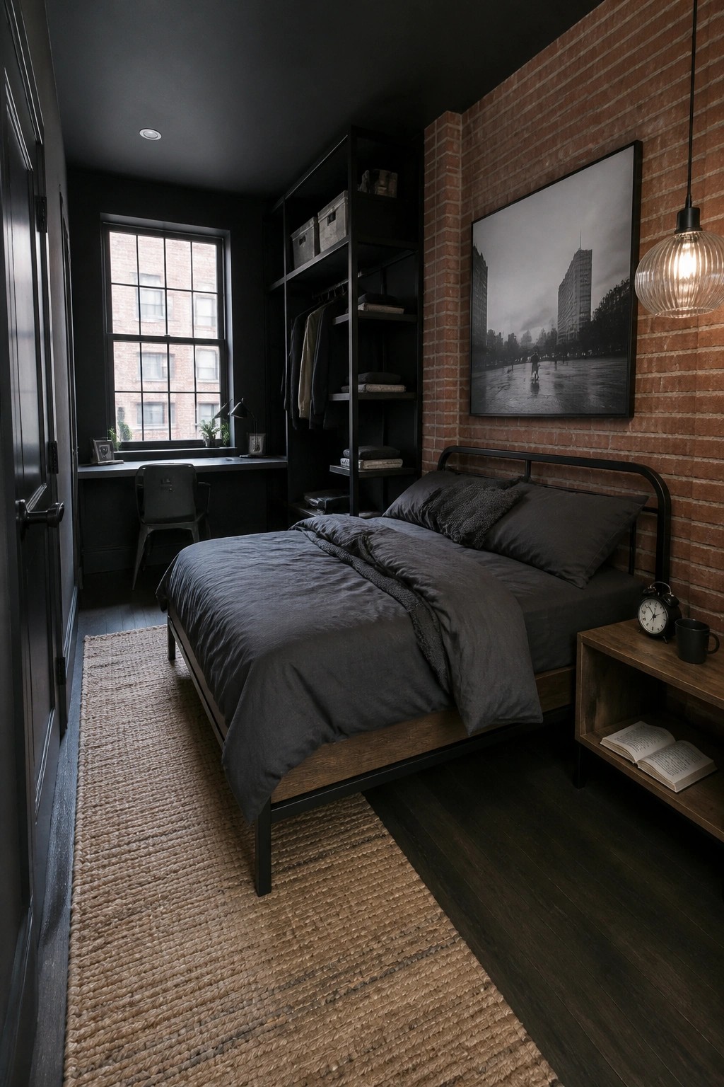 A dark masculine bedroom with a bed against a red brick wall, tall black open shelving unit beside the bed, desk under a window, and woven rug on dark wood flooring.