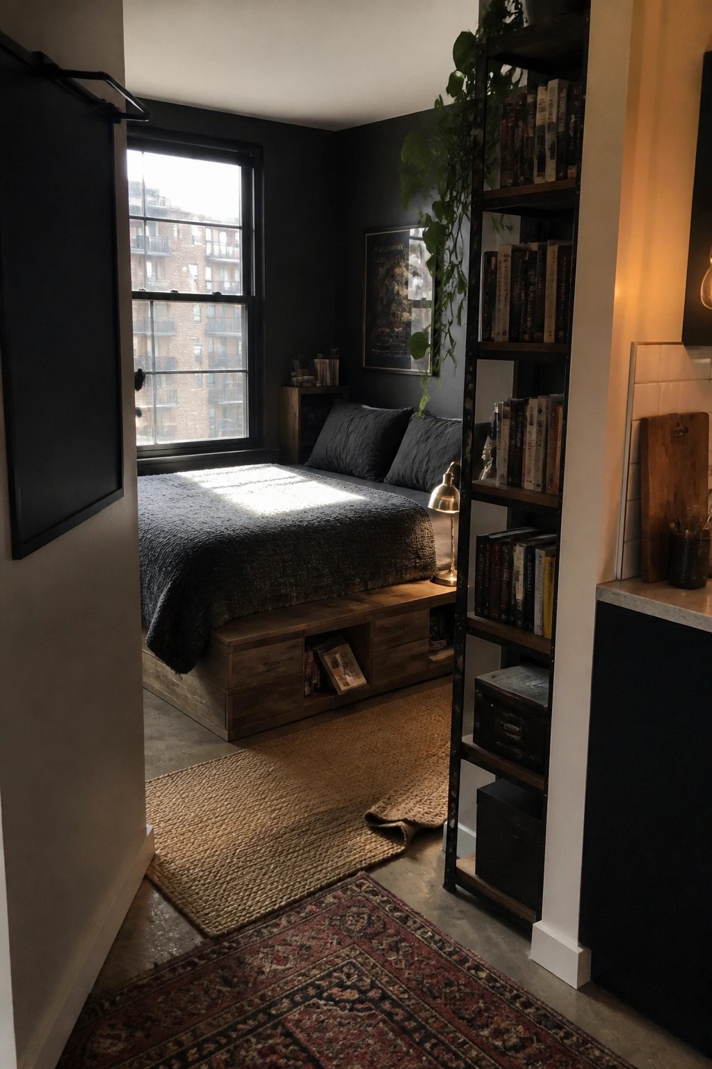 A small bedroom with dark walls has a wooden platform bed under a window, storage cubbies beneath the bed, a tall bookshelf, and layered rugs on a concrete floor.
