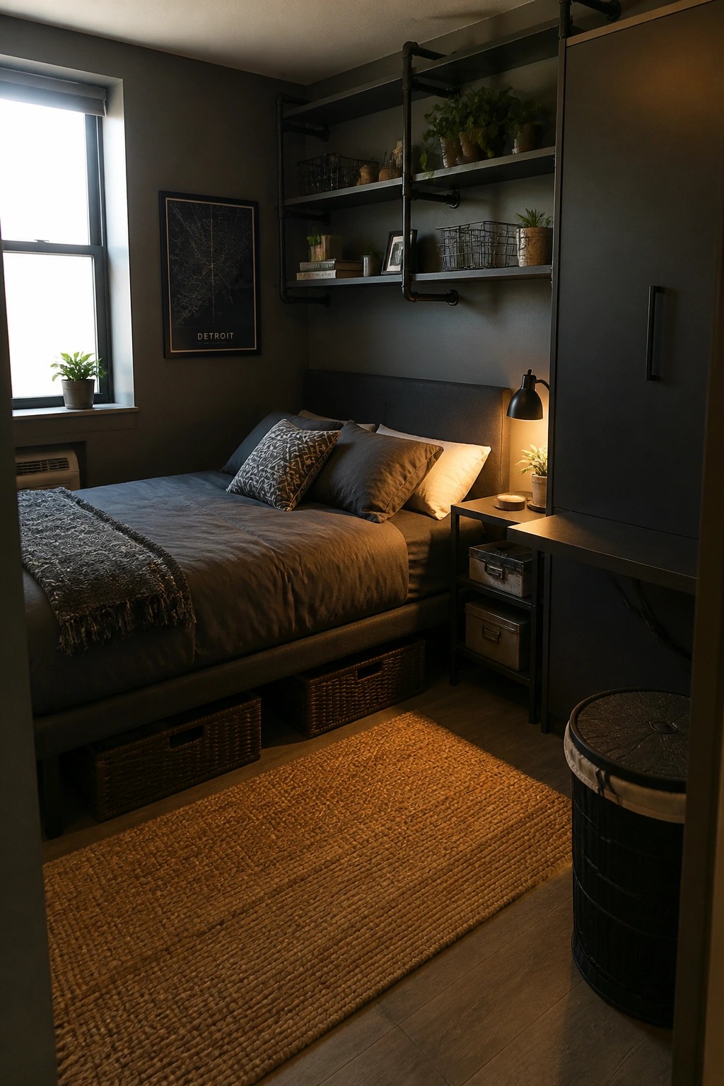 A dark masculine bedroom with a bed against a wall, industrial pipe-mounted open shelves above it holding plants and books, wicker storage baskets underneath the bed, a woven rug on the floor, and a small nightstand with a lamp.