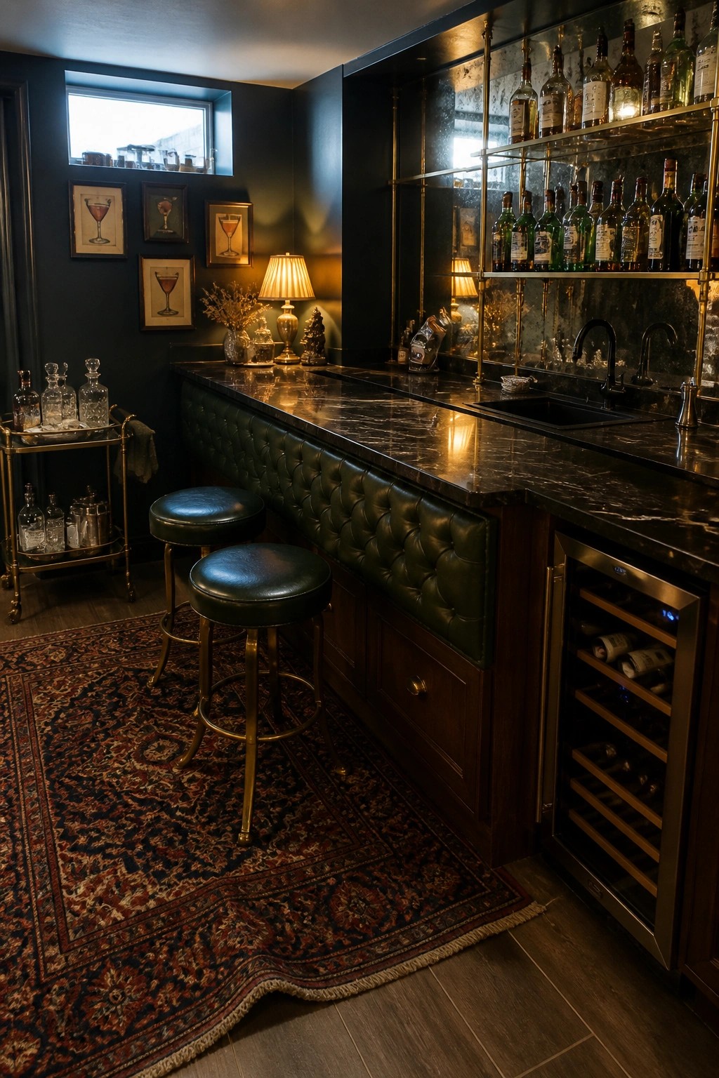 A home bar with a dark marble countertop, green tufted leather front, two stools, and a stainless steel beverage refrigerator built into the right end.