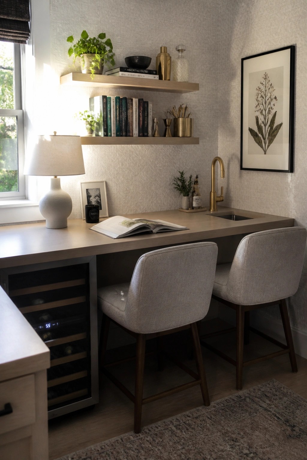 A light wood home bar counter with two upholstered stools, an under-counter wine refrigerator, floating shelves above holding books and barware, and a brass faucet on the right end.