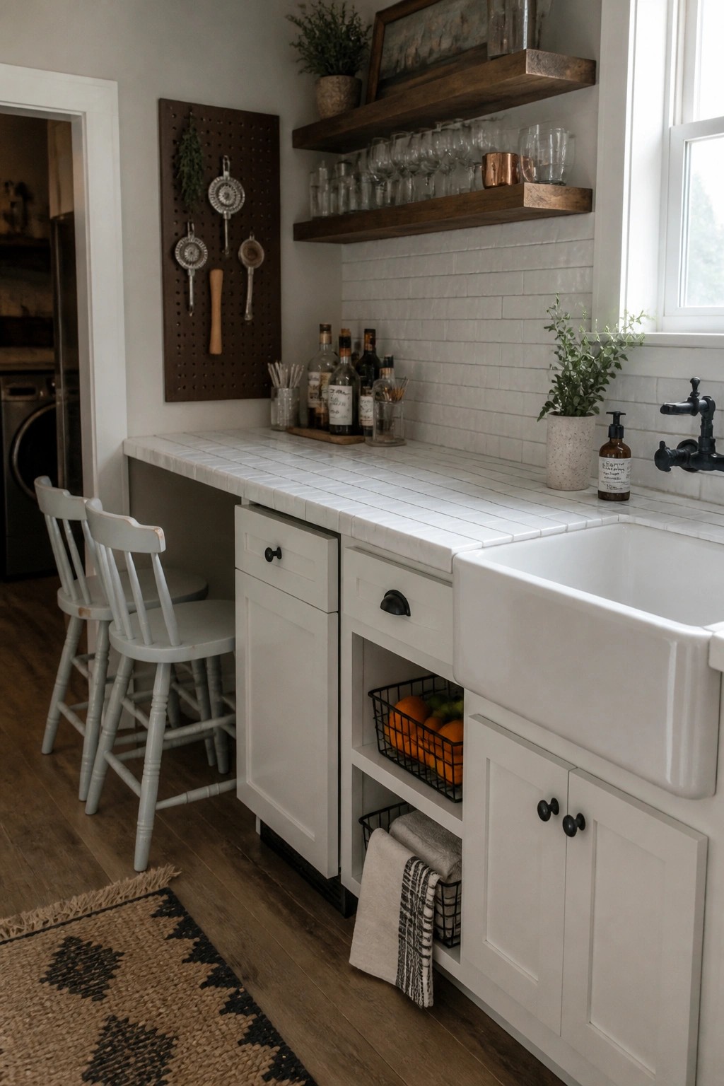 A home bar counter with two light gray wooden stools, white cabinets, a white farmhouse sink, floating wood shelves with glassware, and a pegboard holding bar tools on the wall.