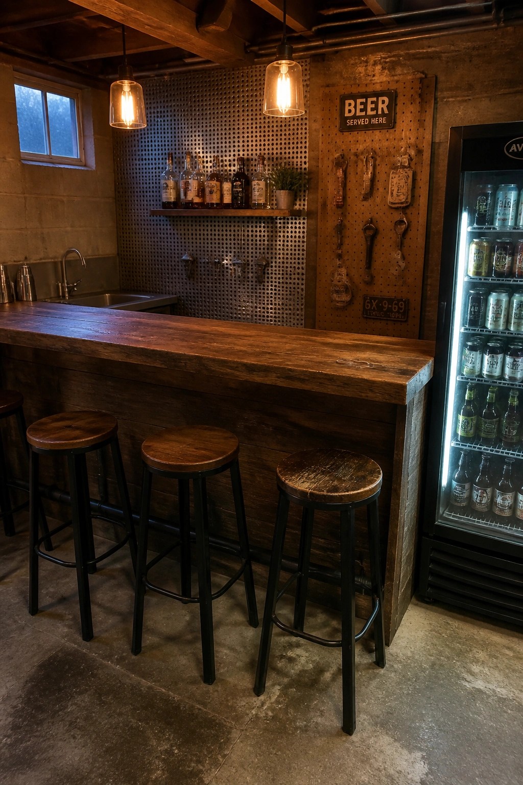 A wooden home bar counter with three round stools in front and a tall glass-door beverage refrigerator stocked with cans and bottles on the right side.