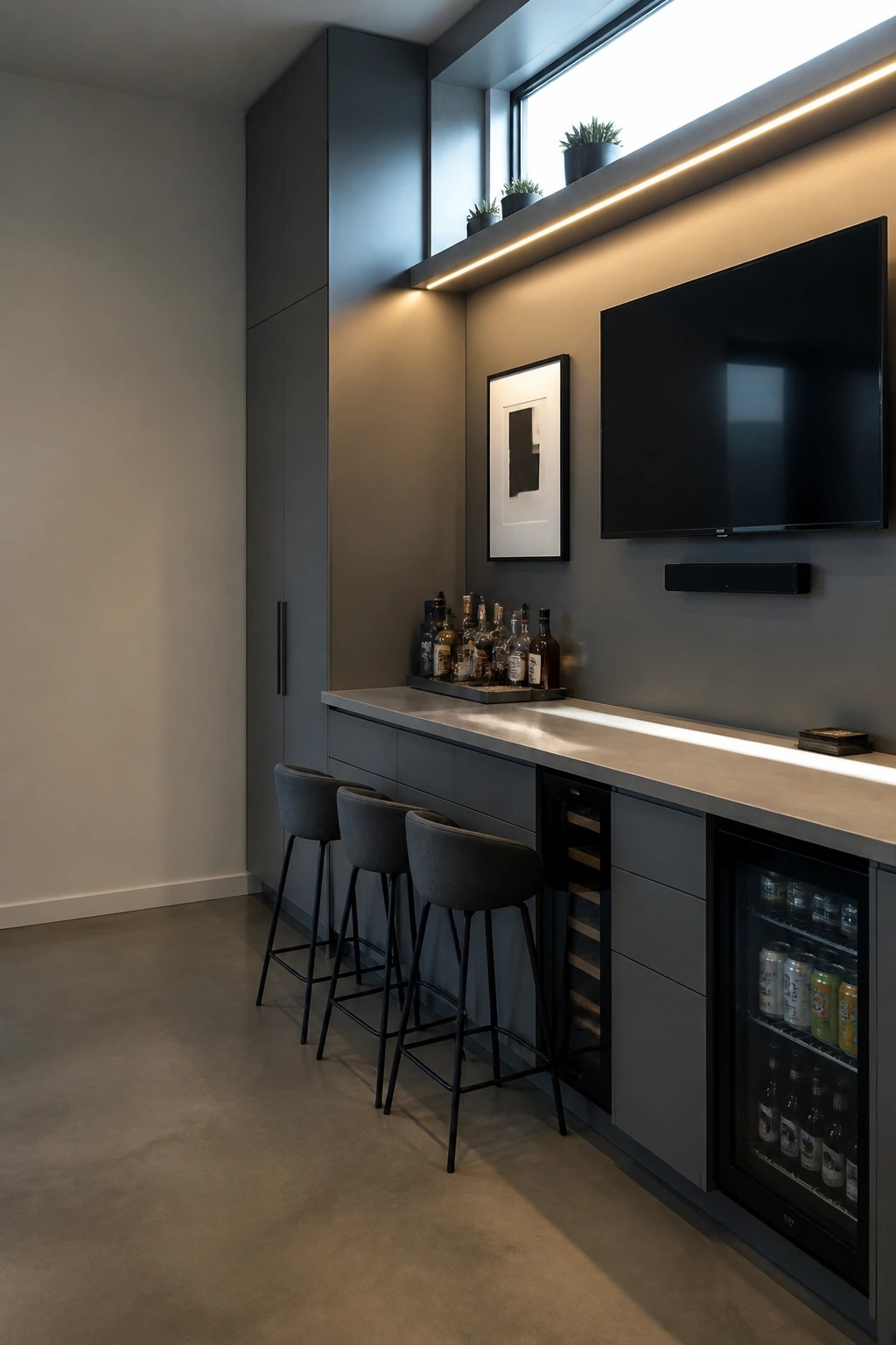 A modern indoor bar area with a long gray countertop, three dark upholstered bar stools, and two under-counter beverage refrigerators filled with cans and bottles.