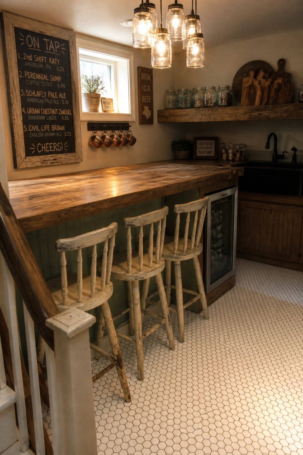 A home bar with a long wooden counter, three distressed white stools, and a glass-door beverage refrigerator built into the counter.