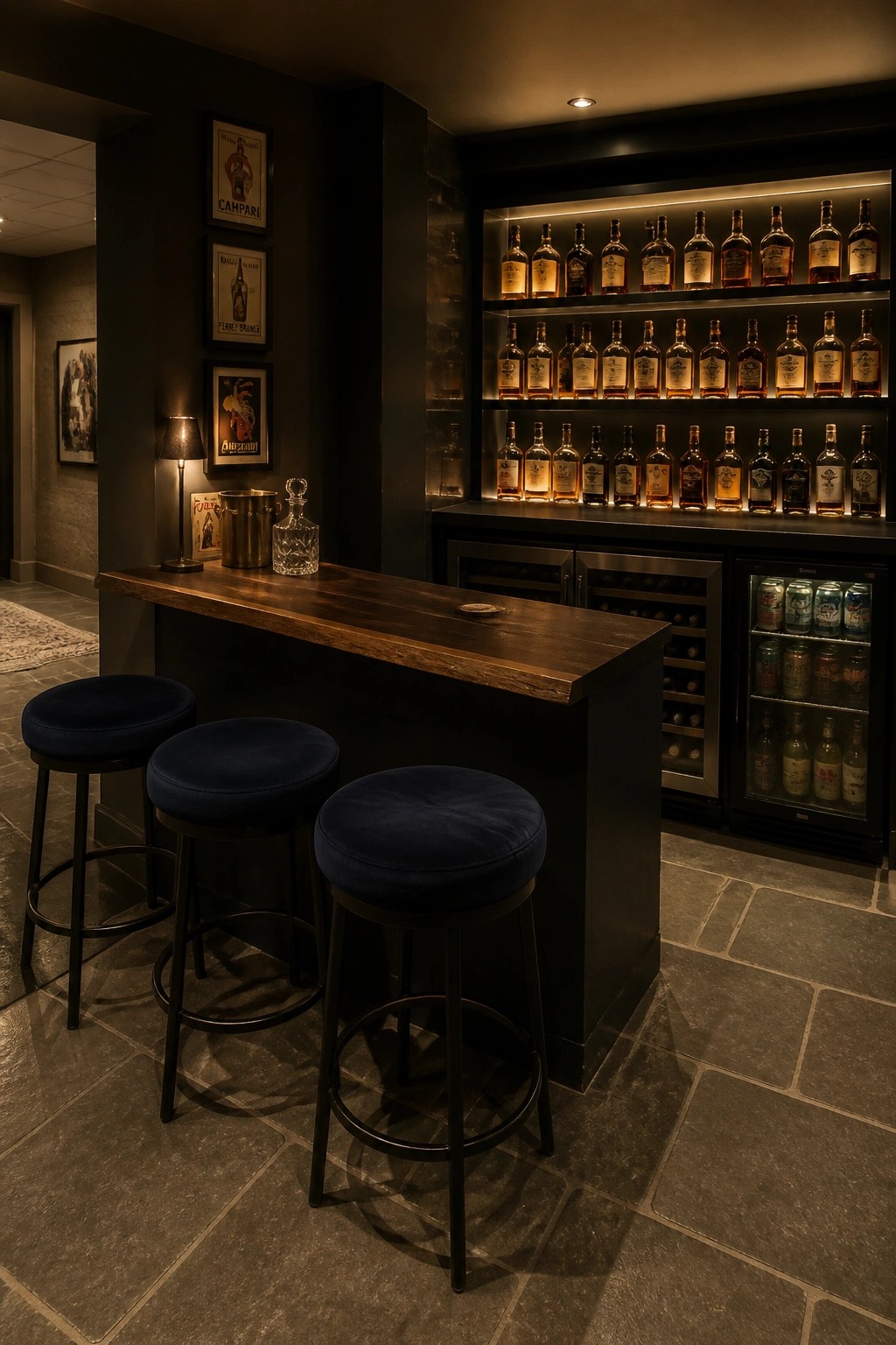 Elegant dark bar with three blue velvet stools and backlit liquor shelves