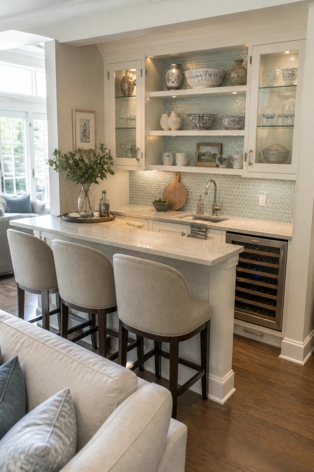 White kitchen bar with marble counter, three beige stools, blue tile backsplash, and wine fridge.