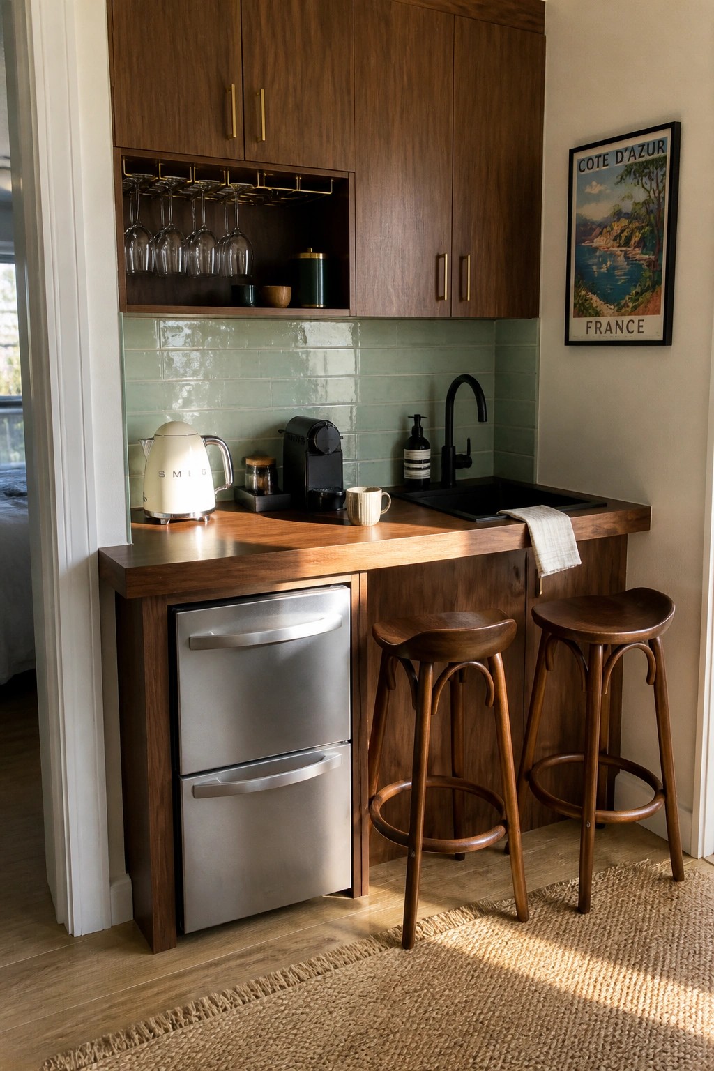 Modern wooden kitchen bar with stools, green tile backsplash, Smeg kettle, and coffee maker.