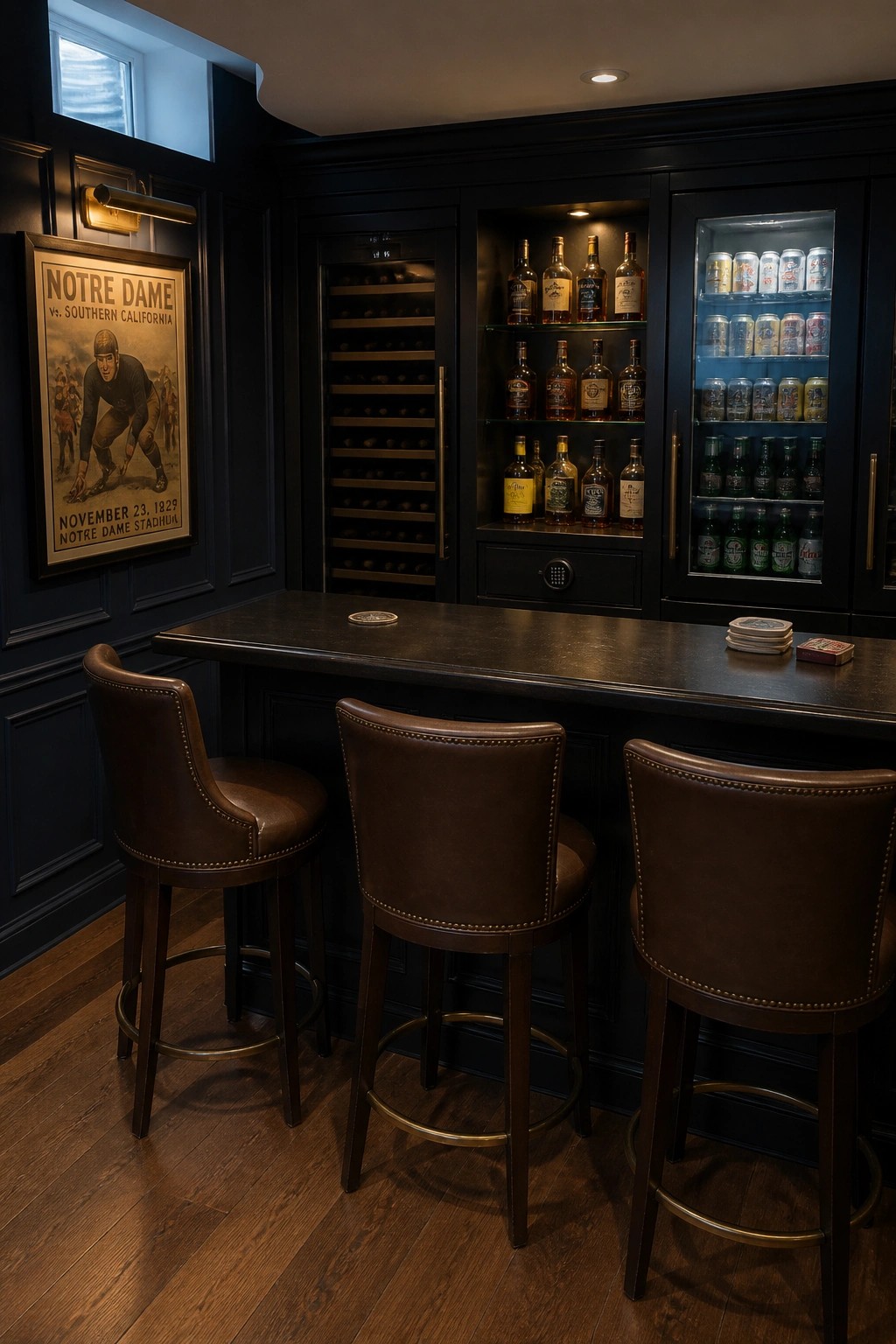 A dark wood home bar counter with three brown leather bar stools facing built-in wine racks and glass-door beverage refrigerators displaying bottles and cans.