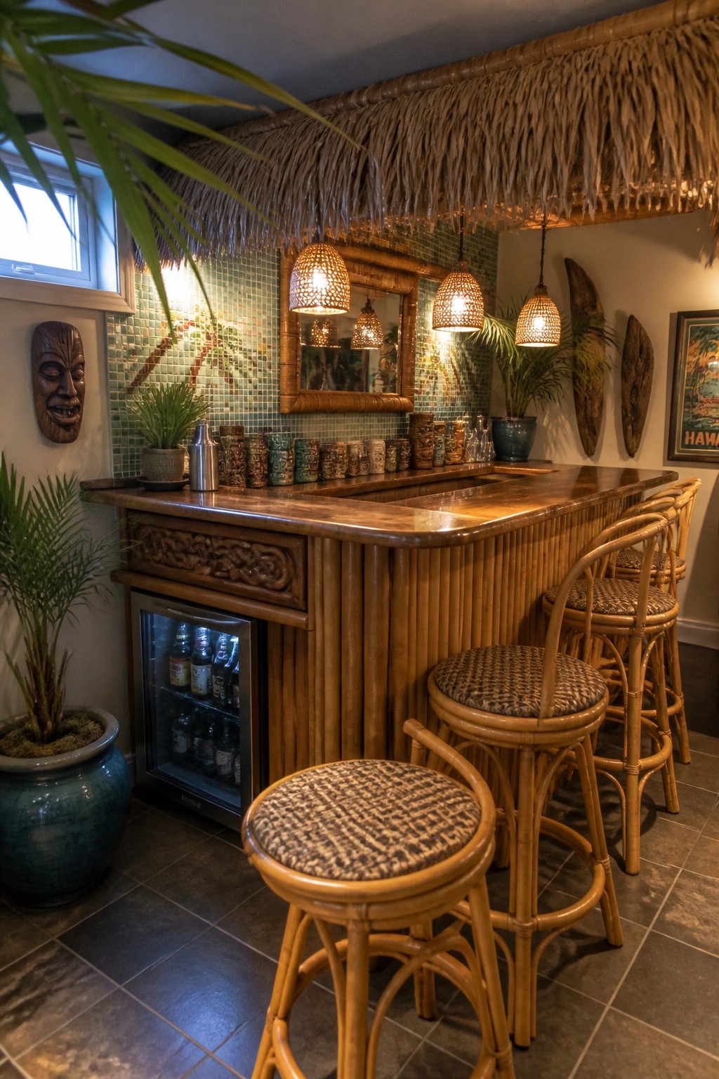 Tropical tiki bar with bamboo stools, thatched roof, mosaic tiles, and hanging lamps.