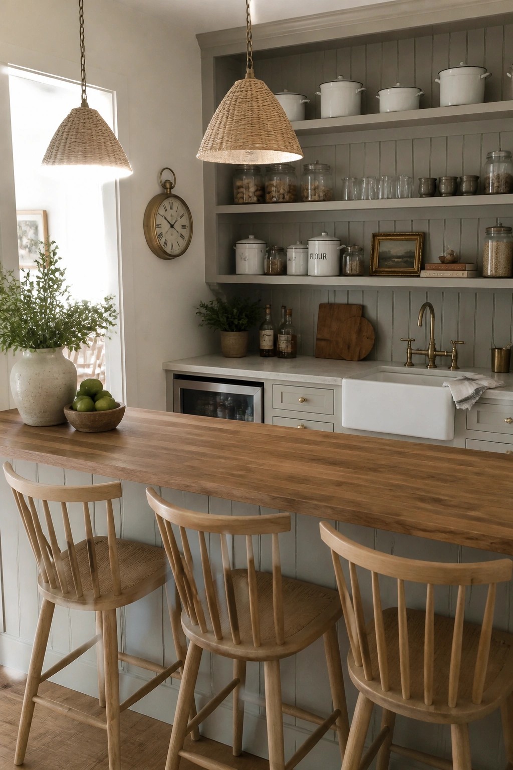 Rustic kitchen bar with wooden stools, open shelving, and woven pendant lights