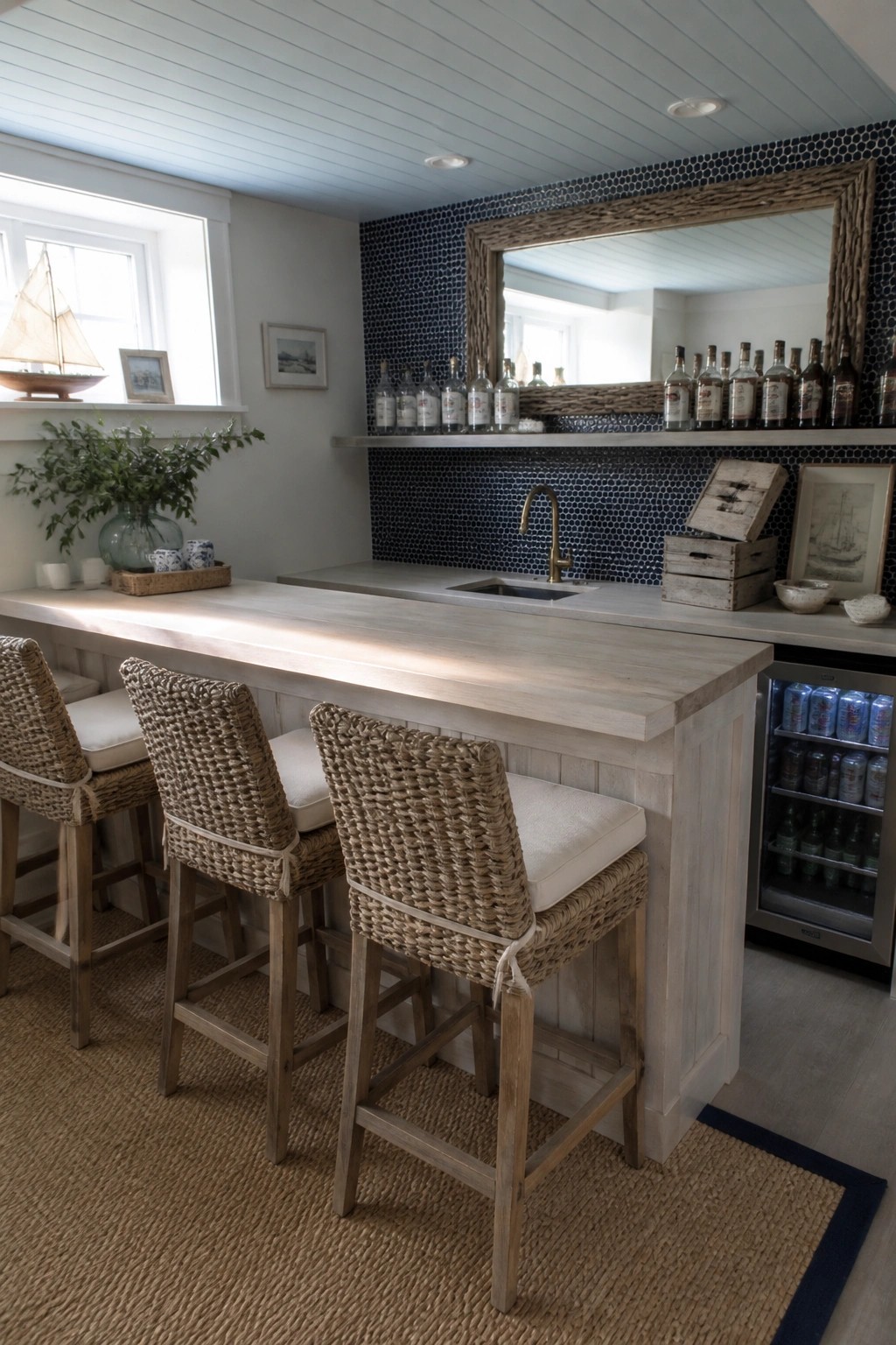 A light wood home bar counter with three woven bar stools, a built-in sink, bottle shelves, a large mirror, and a stainless steel beverage refrigerator stocked with cans at the right end.