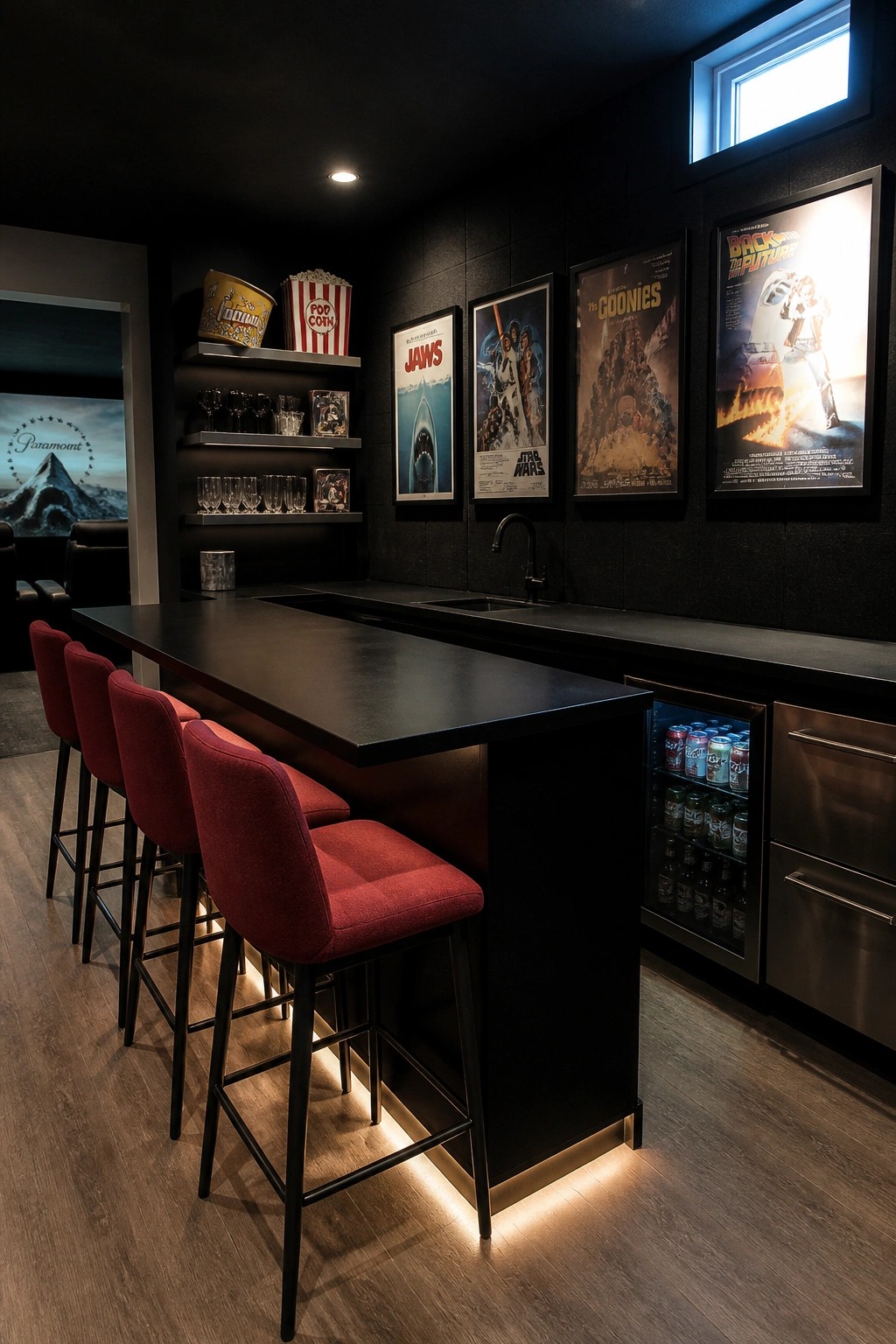 A home bar with a long black counter, four red bar stools along one side, and a glass-door beverage refrigerator built into the end of the counter.