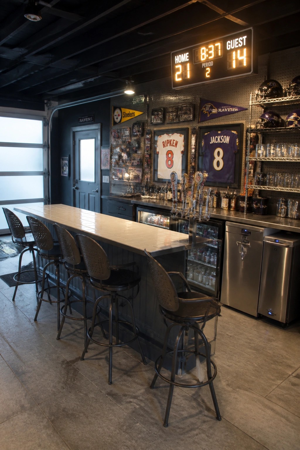 A long home bar counter with four metal stools, stainless steel beverage refrigerators built underneath, and sports jerseys and helmets displayed on the wall behind.