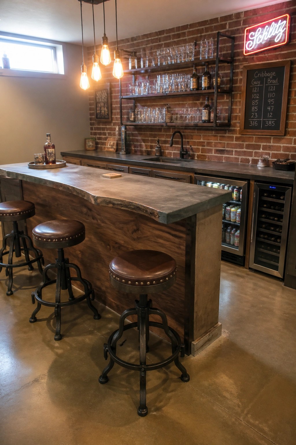 A home bar interior showing a curved concrete countertop on a wood base with three brown leather bar stools and two stainless steel beverage refrigerators built into the counter front.
