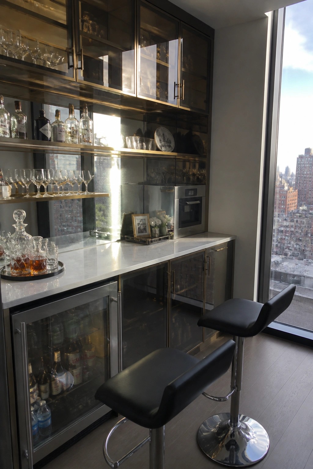 Modern luxury bar with marble countertop, glass cabinets, wine fridge, and black stools.