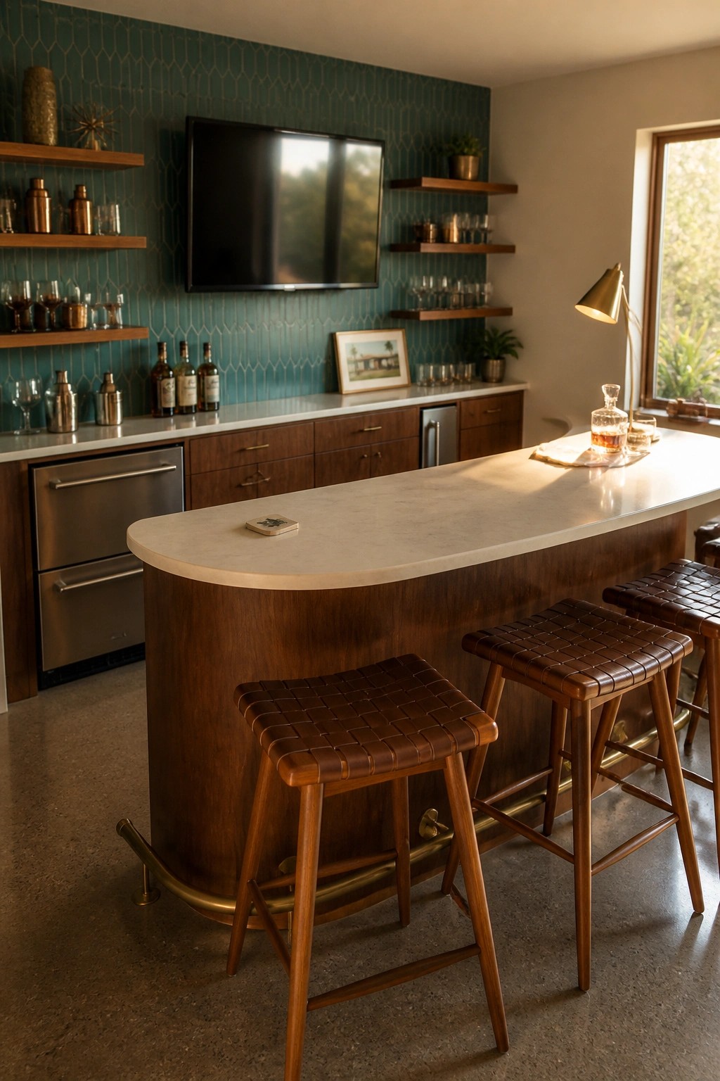A home bar with a curved white countertop, dark wood base, three woven leather bar stools, an undercounter stainless beverage fridge, and teal patterned tile on the wall behind with floating shelves and a television.
