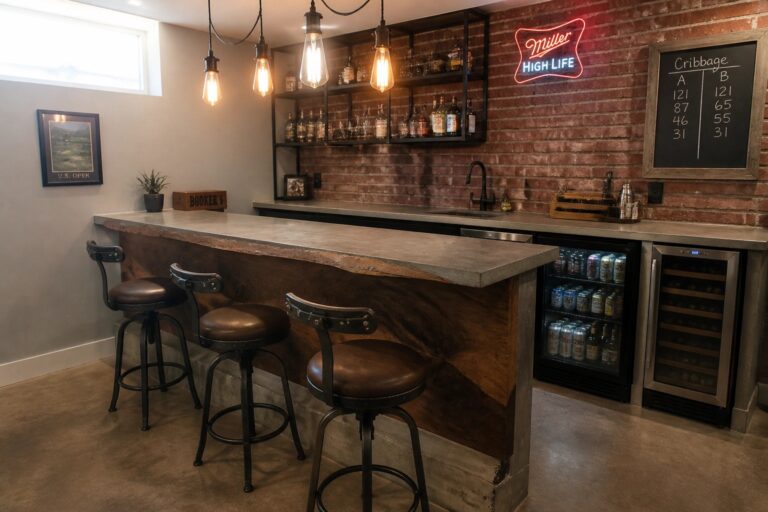 A home bar interior showing a curved concrete countertop on a wood base with three brown leather bar stools and two stainless steel beverage refrigerators built into the counter front.