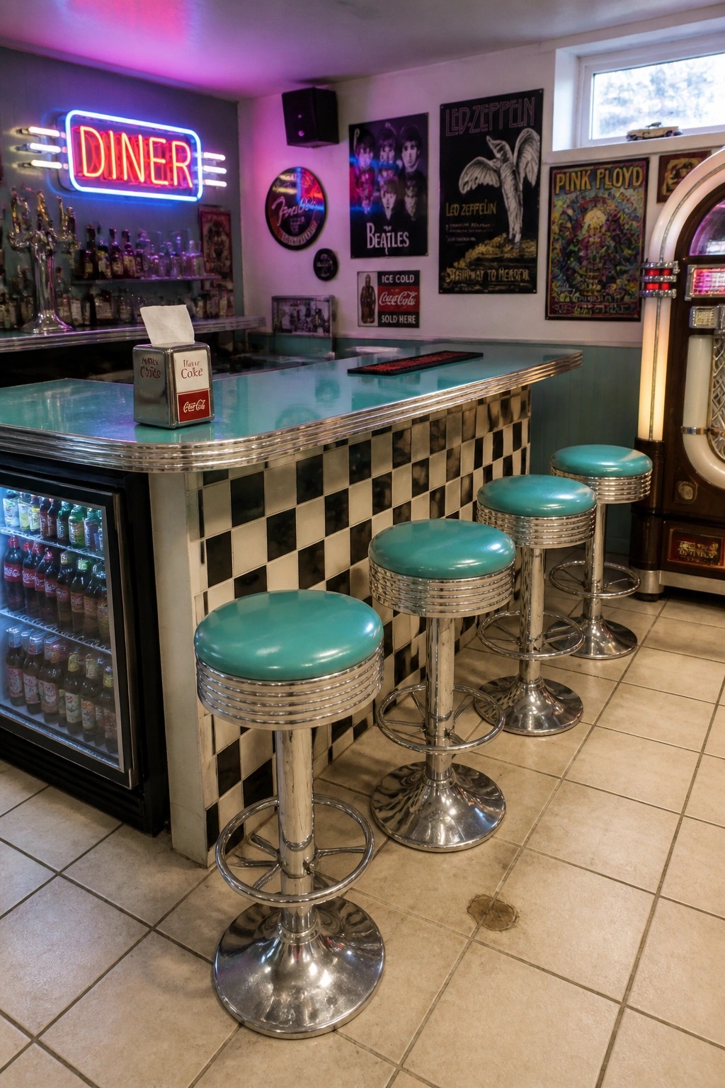 A retro diner style bar counter with turquoise seats on chrome stools and a glass door beverage refrigerator stocked with bottles below the counter.