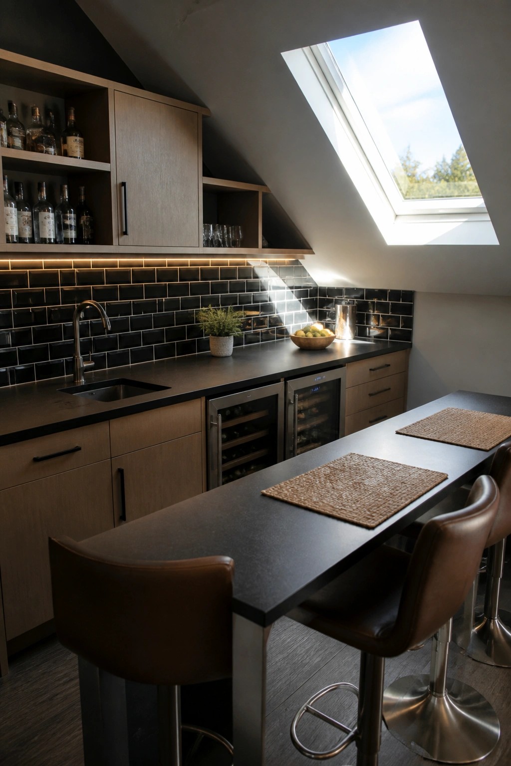An attic home bar with a dark countertop, brown leather bar stools, two stainless beverage refrigerators, a sink, open shelving with bottles, and a skylight overhead.