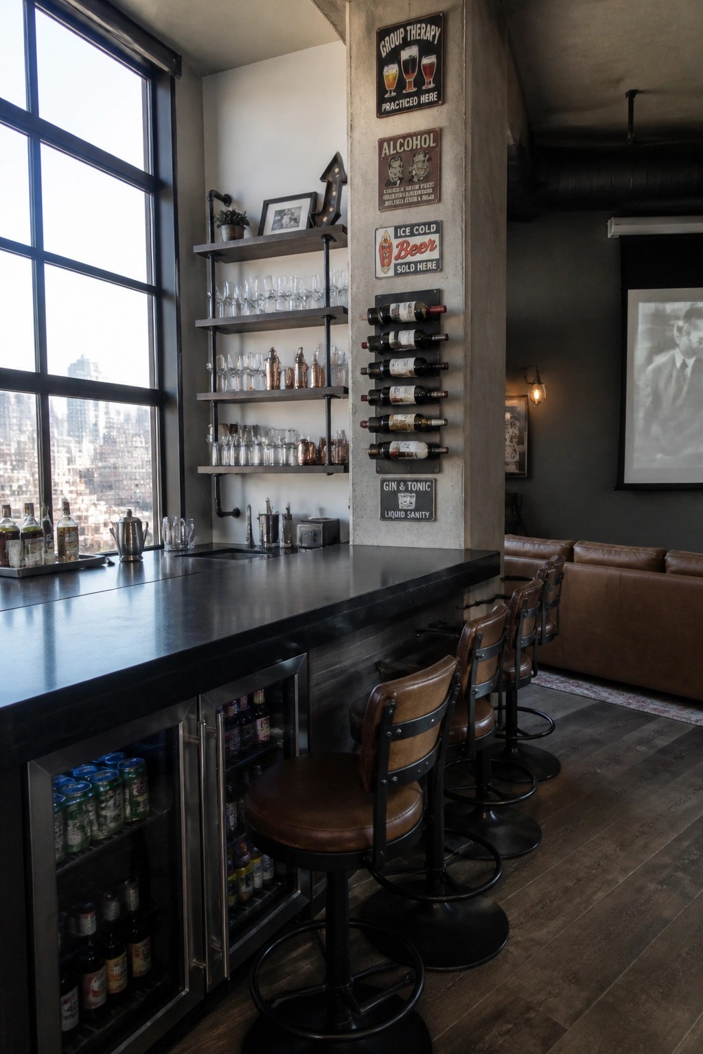 Interior view of a home bar with a dark countertop, four brown leather stools, and a stainless steel beverage refrigerator under the counter stocked with bottles and cans.