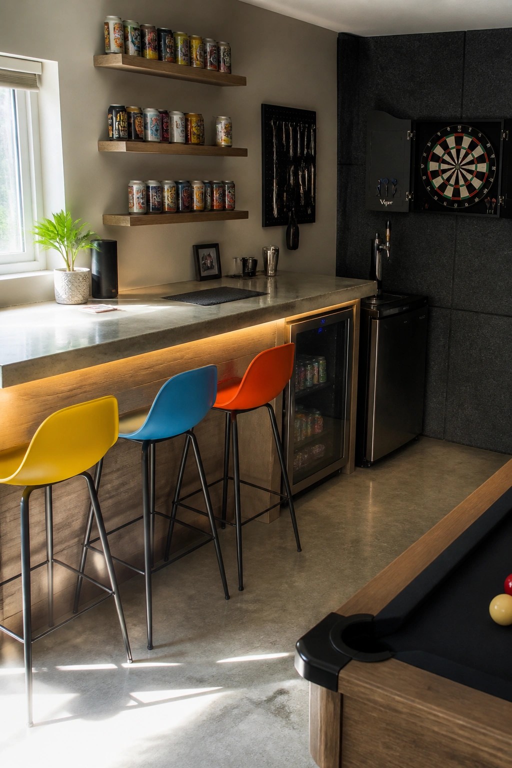 Modern home bar with colorful stools, beer can shelves, dartboard, and pool table.