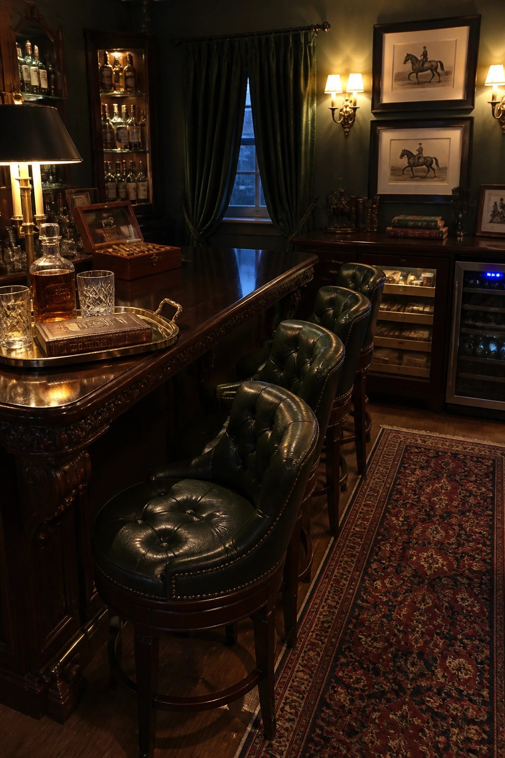 Dark wood bar with green tufted leather stools, whiskey decanter, and horse art.