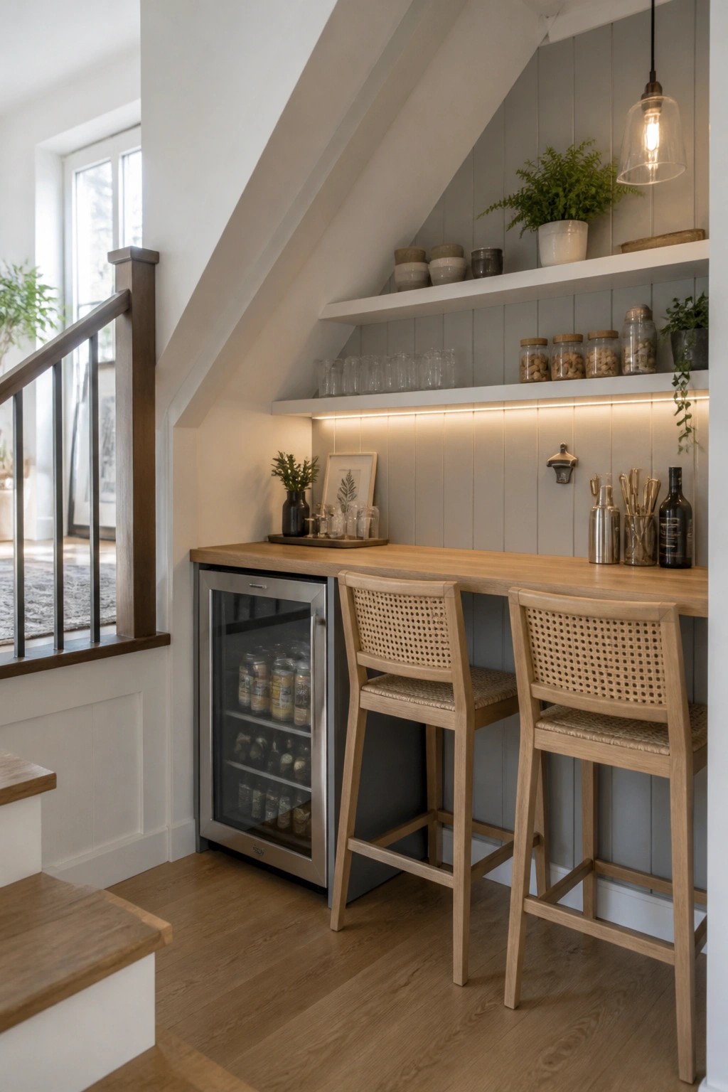 A compact home bar under a sloped ceiling features a light wood counter, two wooden bar stools with woven seats, and a stainless steel beverage refrigerator stocked with bottles.