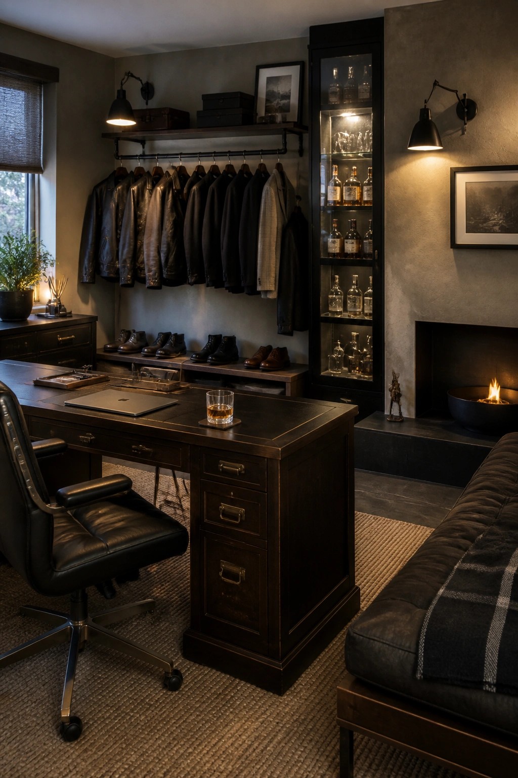Dark wooden desk and leather chair in stylish study with hanging jackets and fireplace