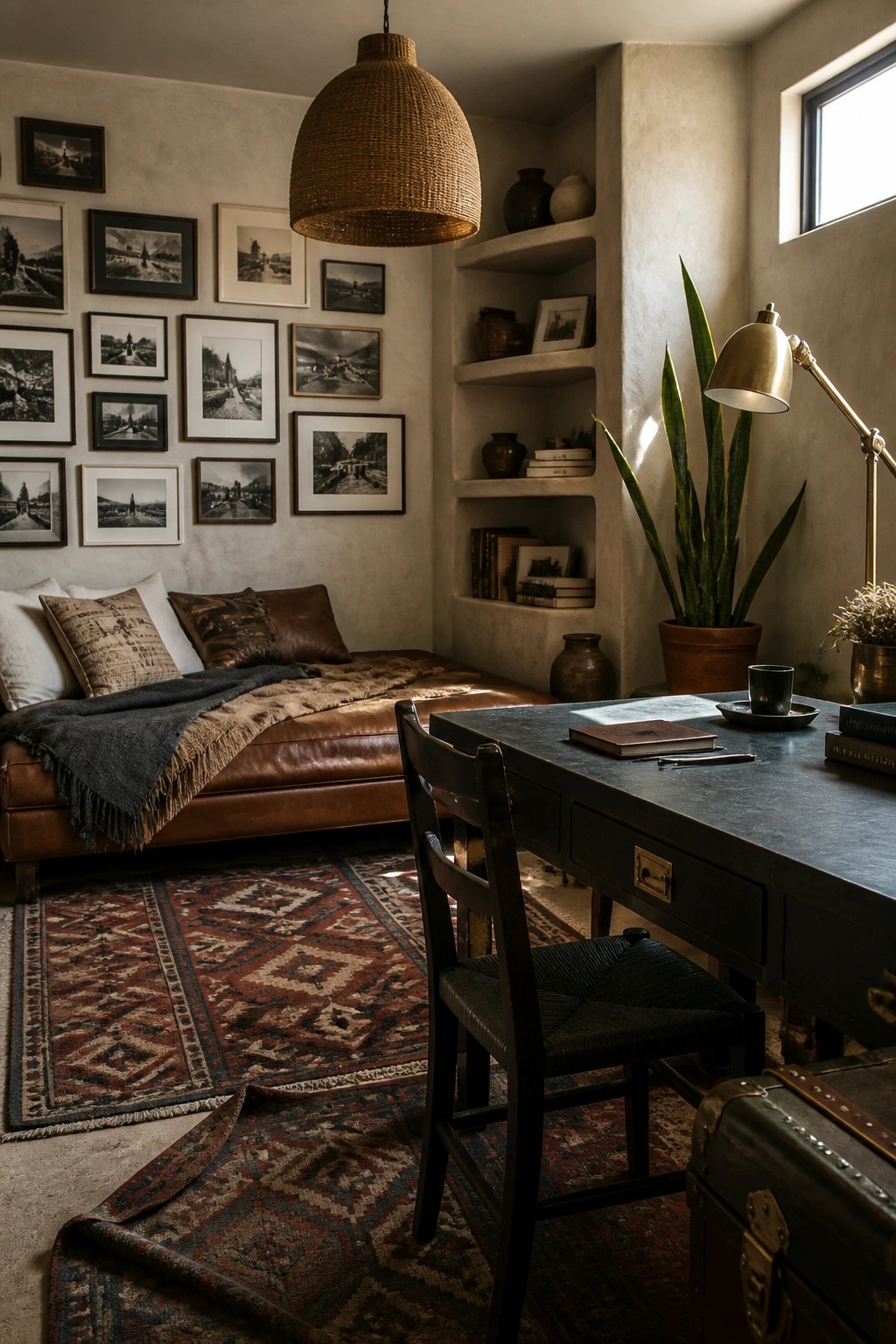 A masculine home office featuring a dark wooden desk with chair in the foreground, a brown leather daybed against the wall with framed black and white photos above it, a large woven pendant light overhead, built-in shelves, and layered patterned rugs on the floor.