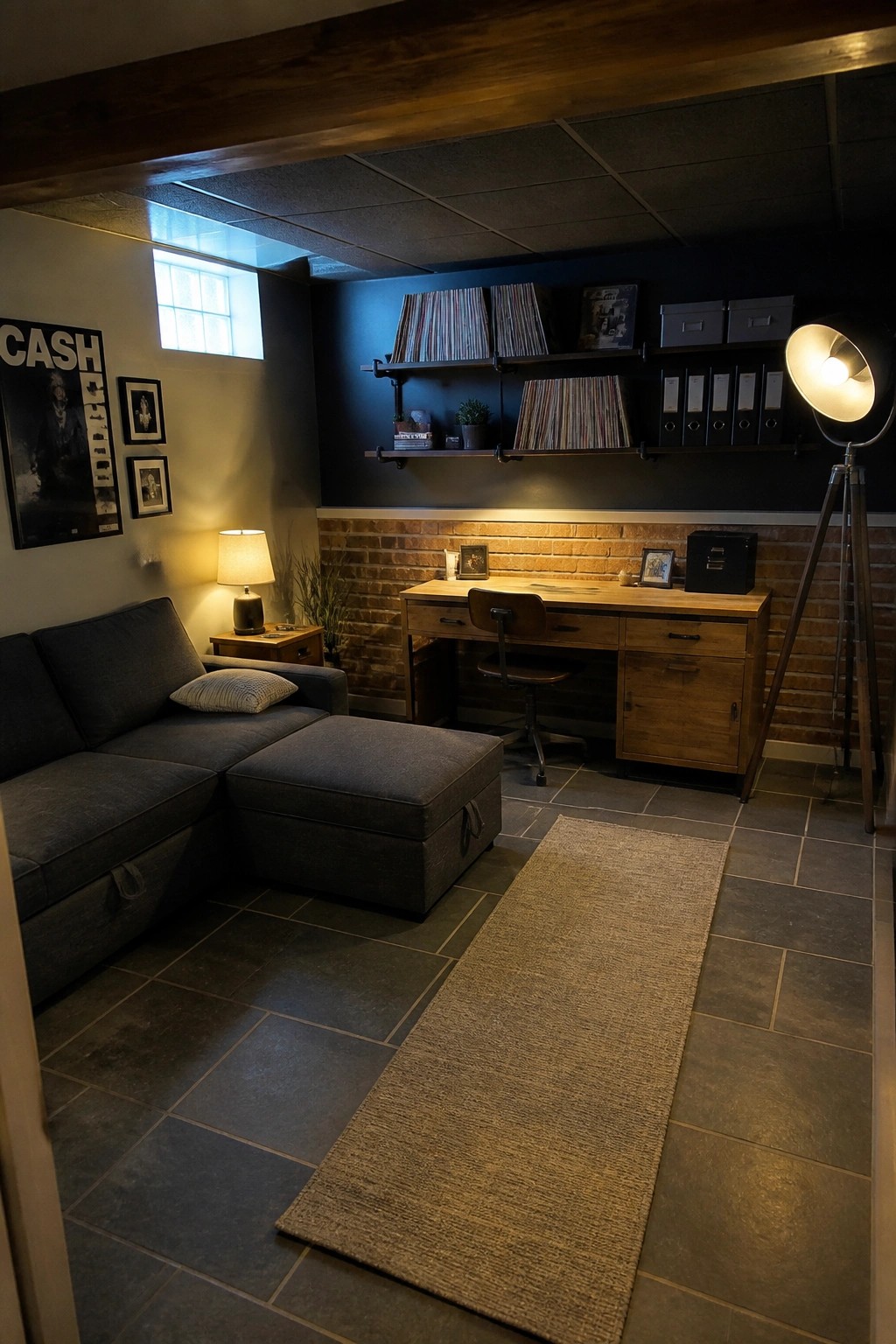 A basement home office featuring a gray sectional sofa, wooden desk with office chair, wall shelves with vinyl records, and exposed brick wall under dark blue paint.
