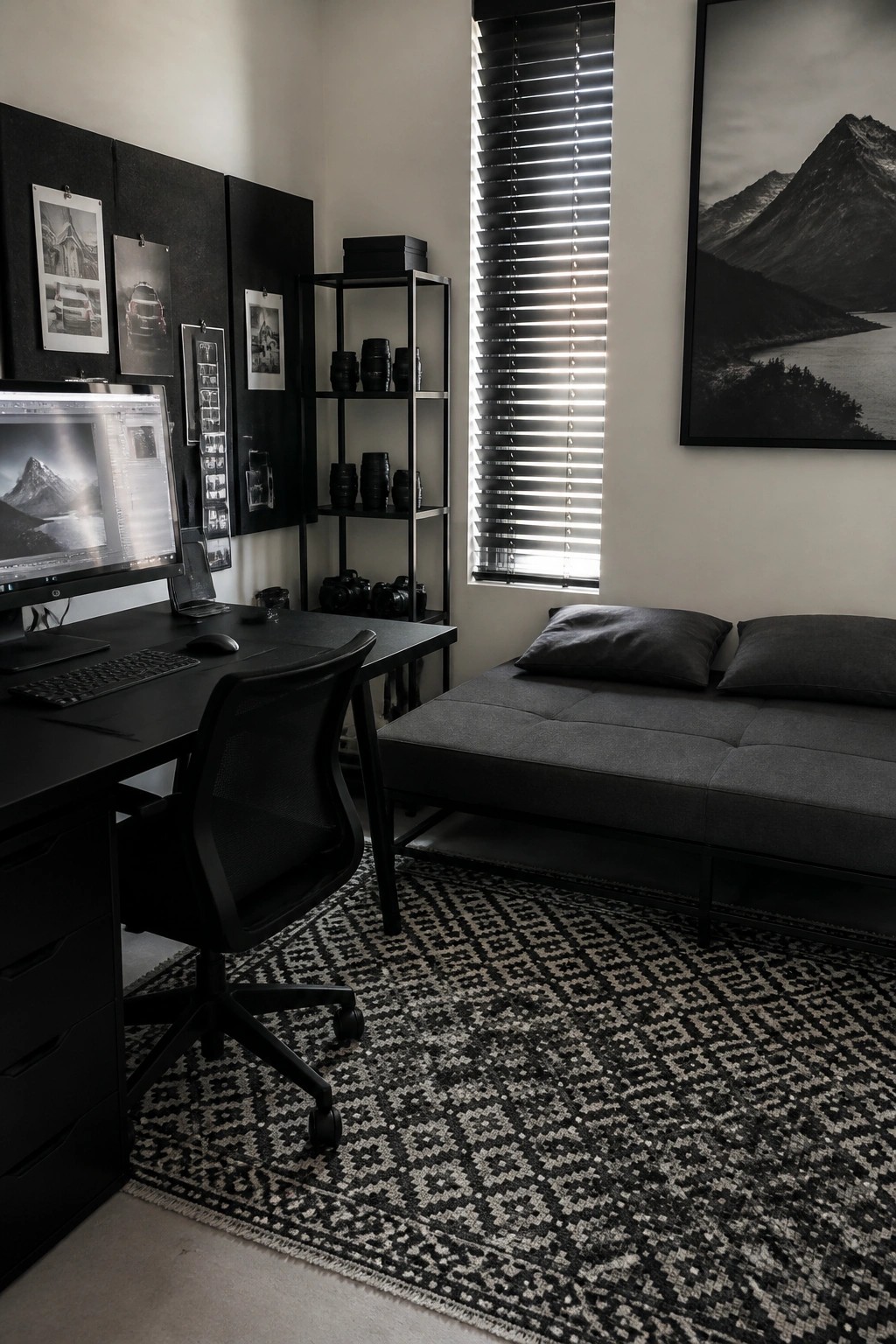 Dark minimalist office with editing desk, camera gear, daybed, and mountain prints