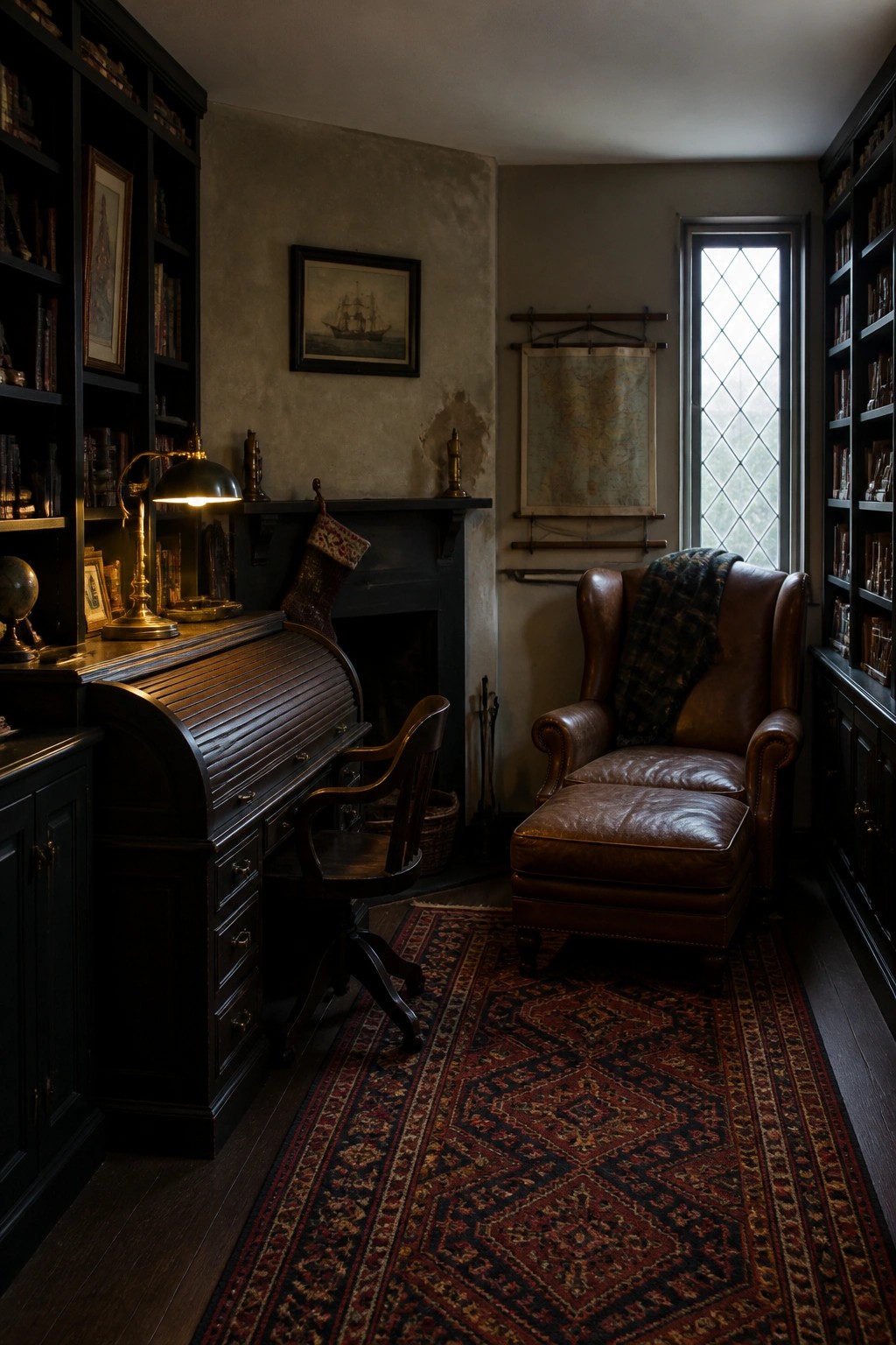 A dimly lit masculine home office featuring dark built-in bookshelves, a wooden roll-top desk with a desk lamp, a wooden office chair, a brown leather wingback armchair with matching ottoman, a fireplace, and a red patterned rug on dark wood floors.