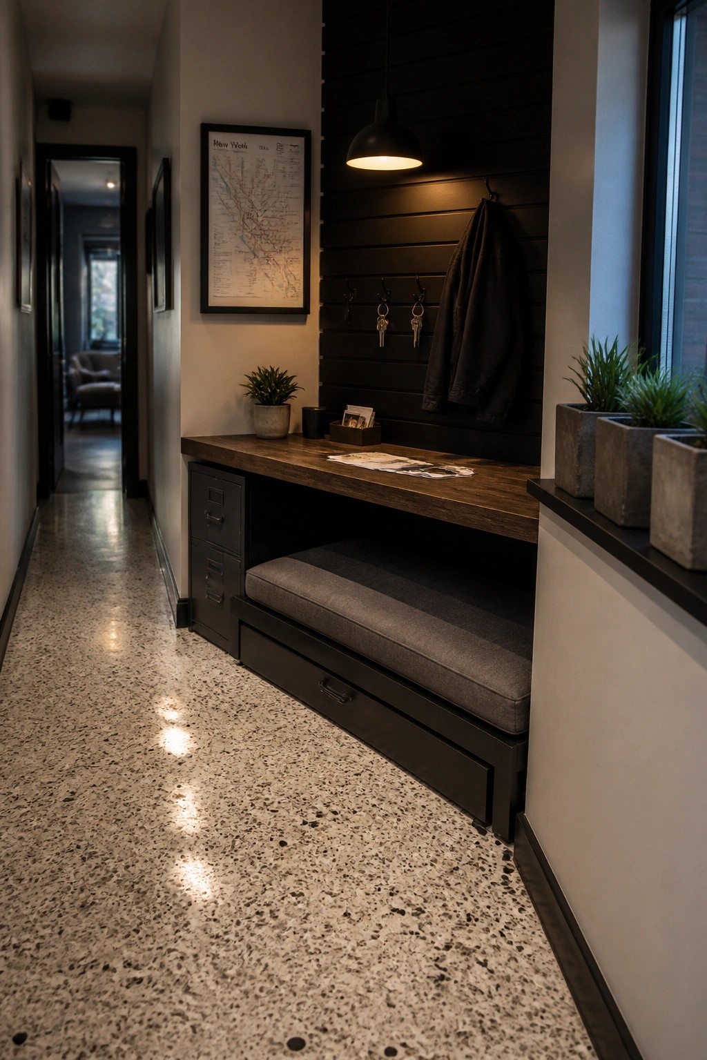 A narrow interior hallway with a long wooden counter above a gray cushioned bench that has black drawers underneath, set against a dark slatted wall with hooks and a pendant light.