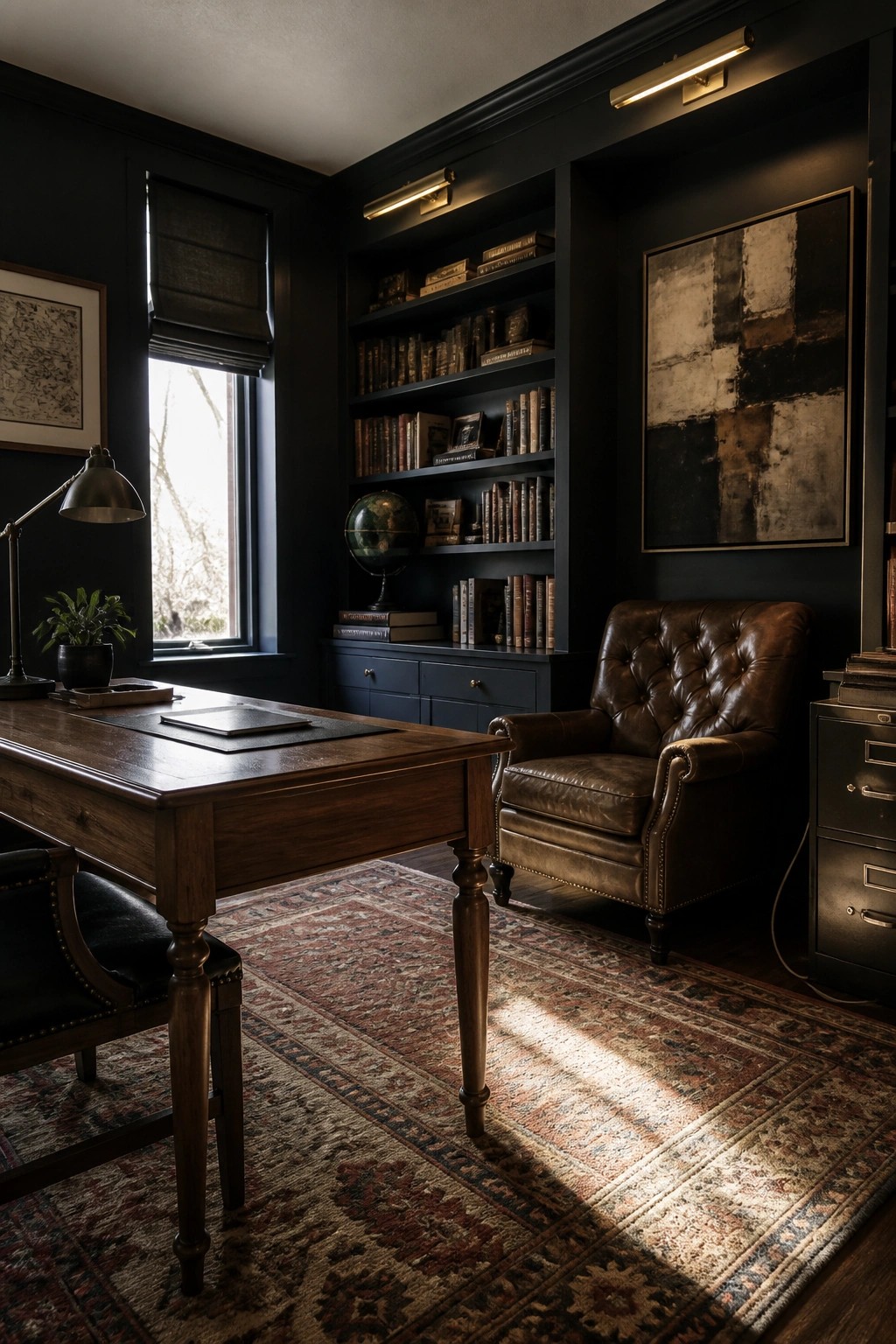 A dark home office features a wooden desk on a patterned rug, a brown leather armchair, built-in bookshelves filled with books, and a large abstract painting on the wall.