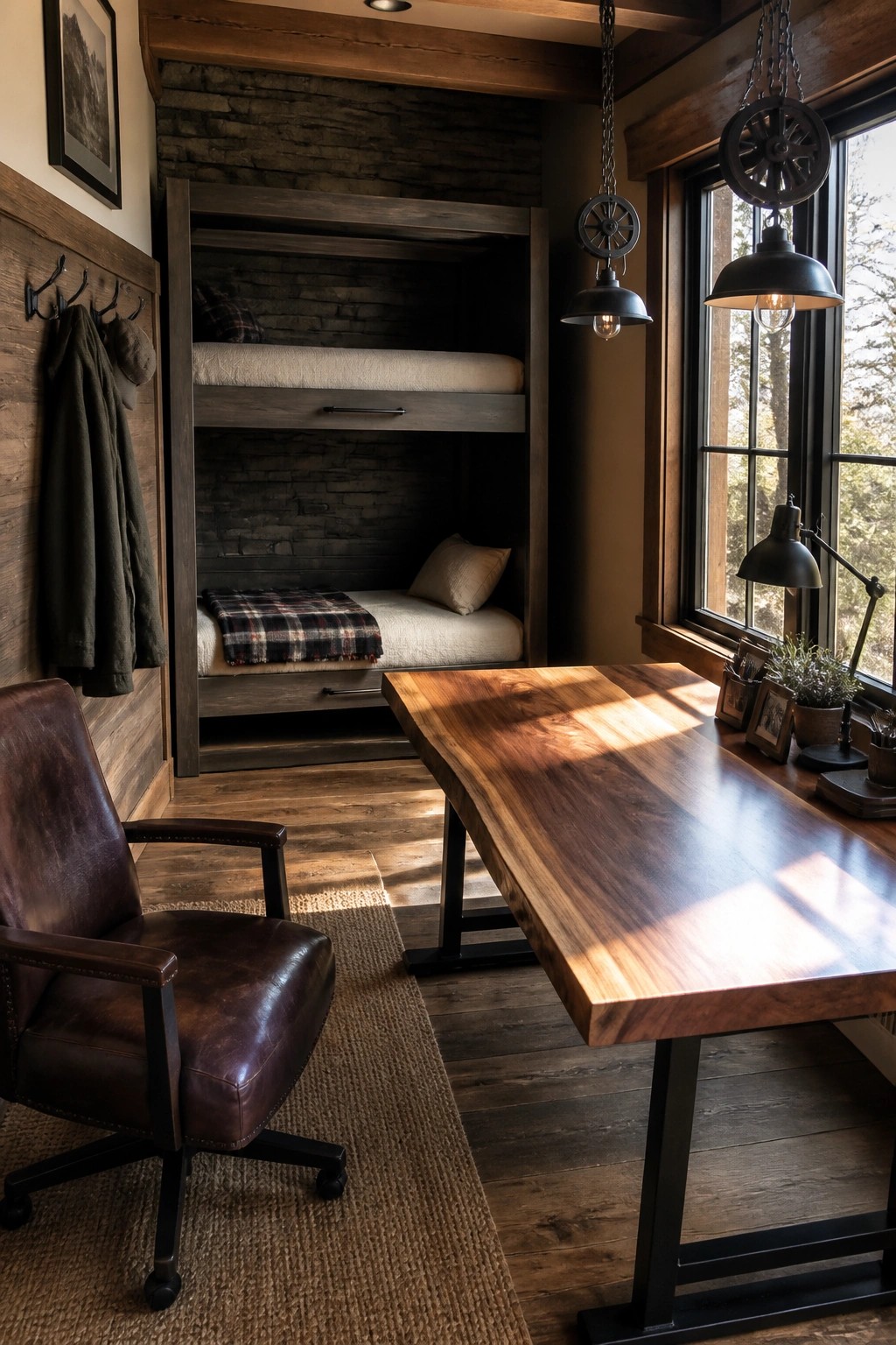 A masculine home office with a large live-edge wooden desk, brown leather office chair, and built-in dark wood bunk beds set into a brick wall niche.
